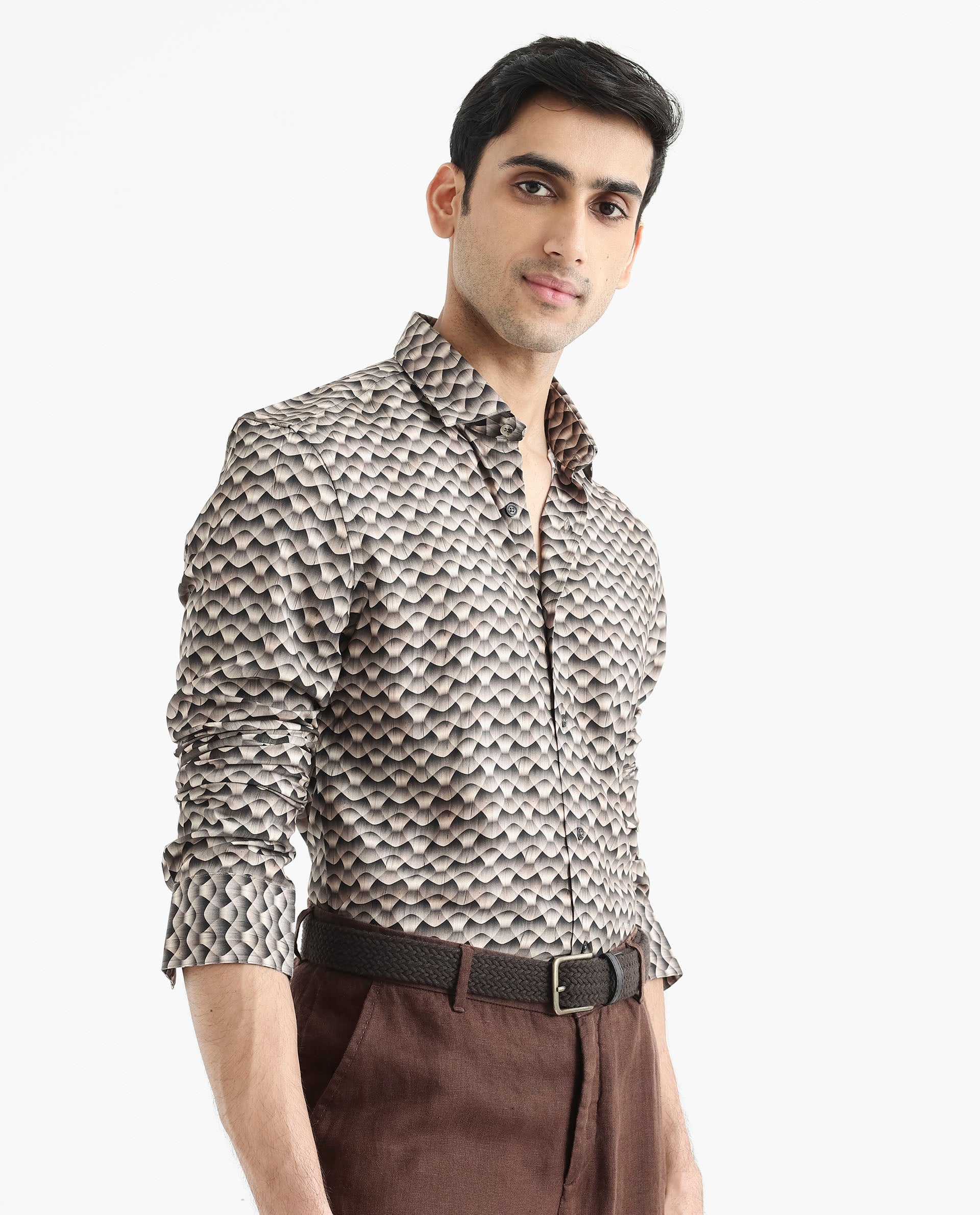 Rare Rabbit Men's Monar LS Beige Viscose Fabric Full Sleeves Regular Fit Geometric Print Shirt