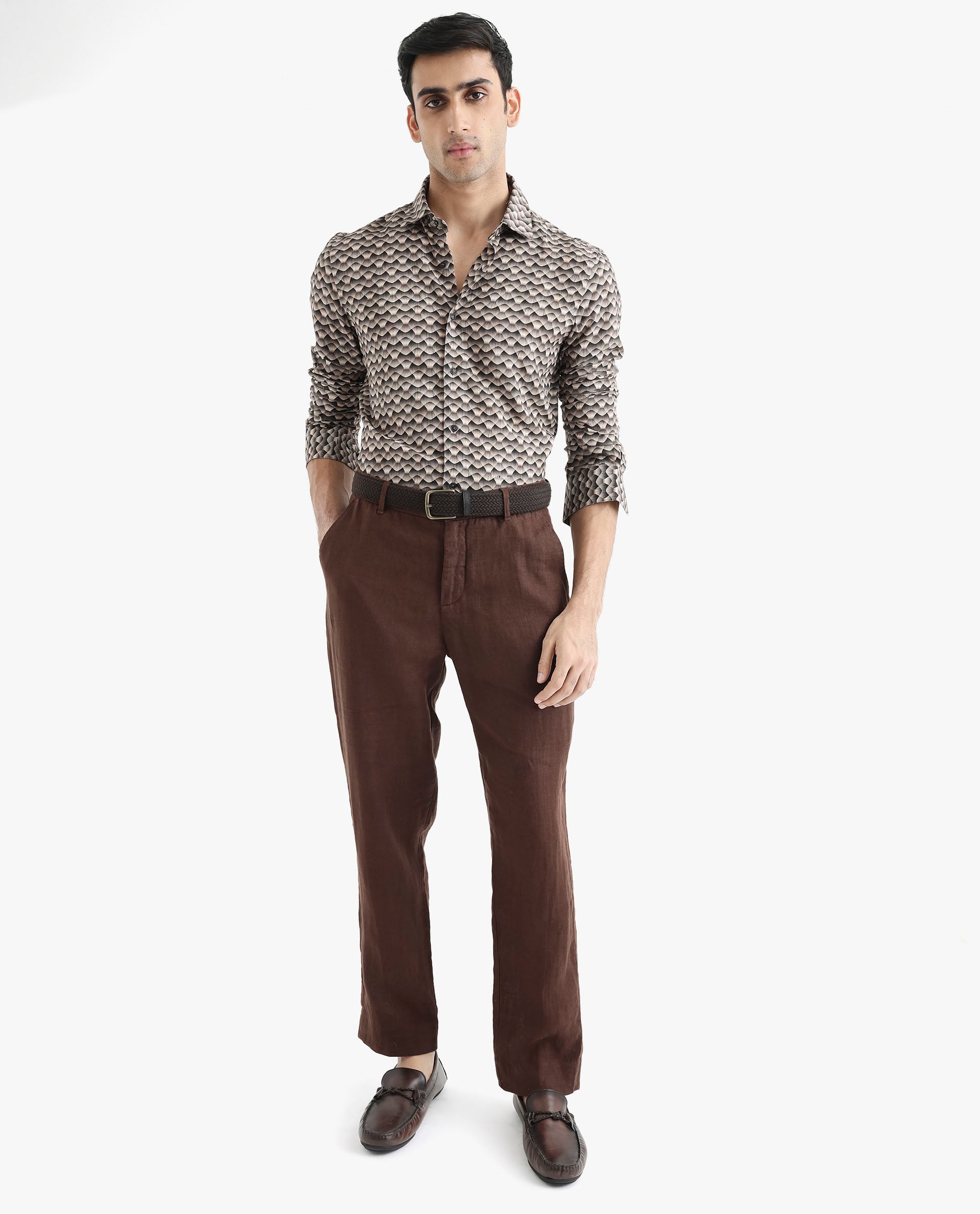 Rare Rabbit Men's Monar LS Beige Viscose Fabric Full Sleeves Regular Fit Geometric Print Shirt