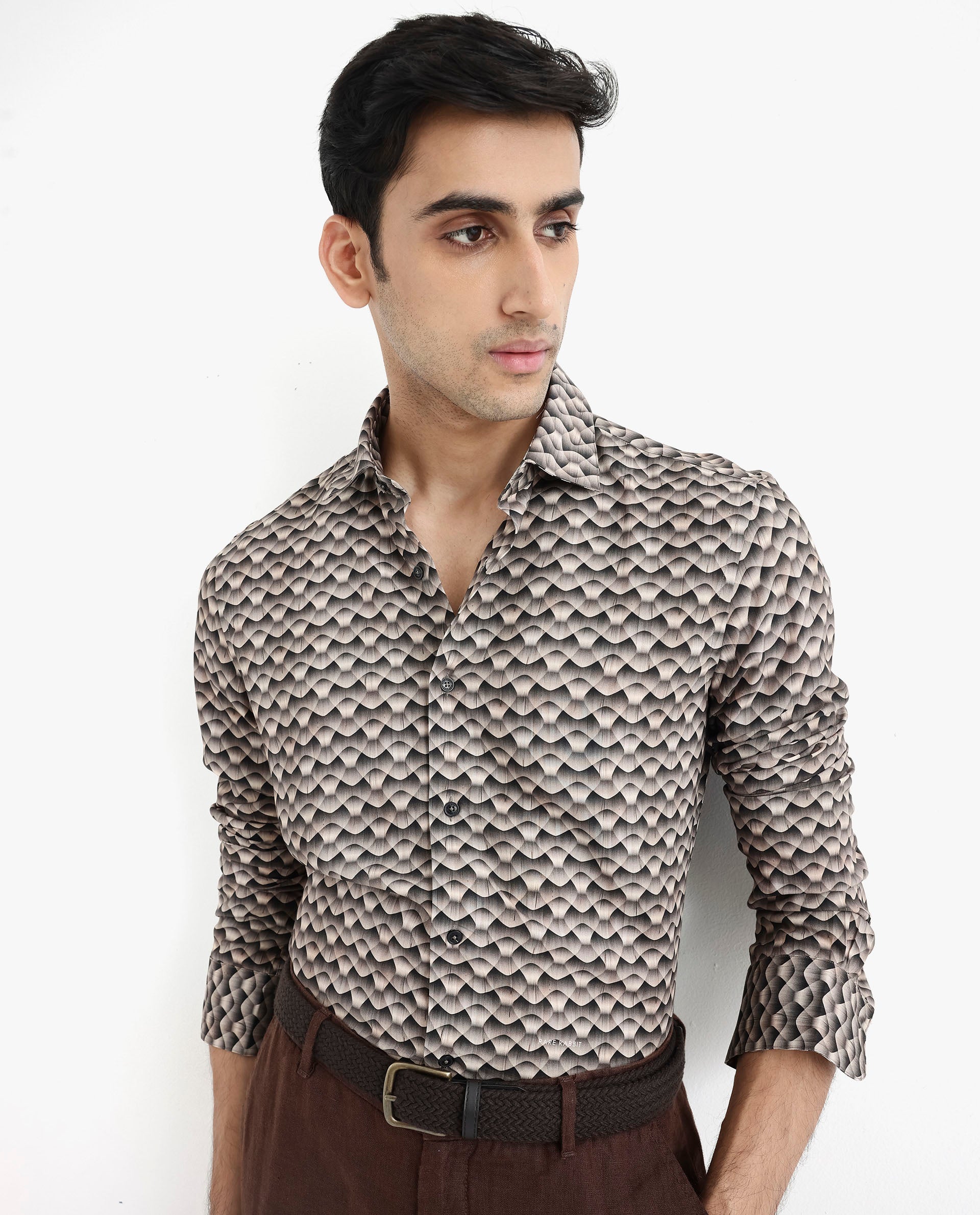 Rare Rabbit Men's Monar LS Beige Viscose Fabric Full Sleeves Regular Fit Geometric Print Shirt