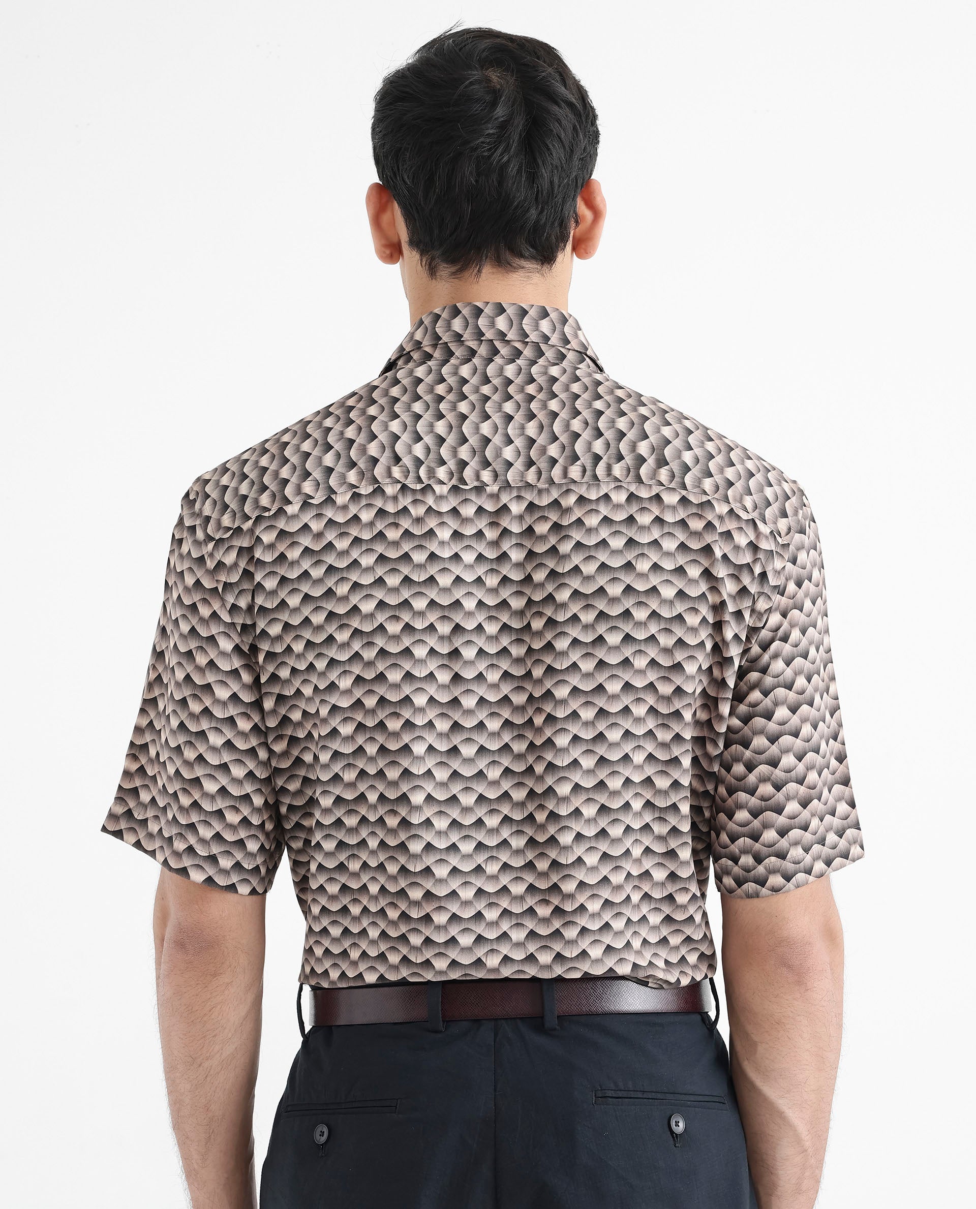 Rare Rabbit Men's Monar SS Beige Viscose Fabric Short Sleeves Boxy Fit Geometric Print Shirt