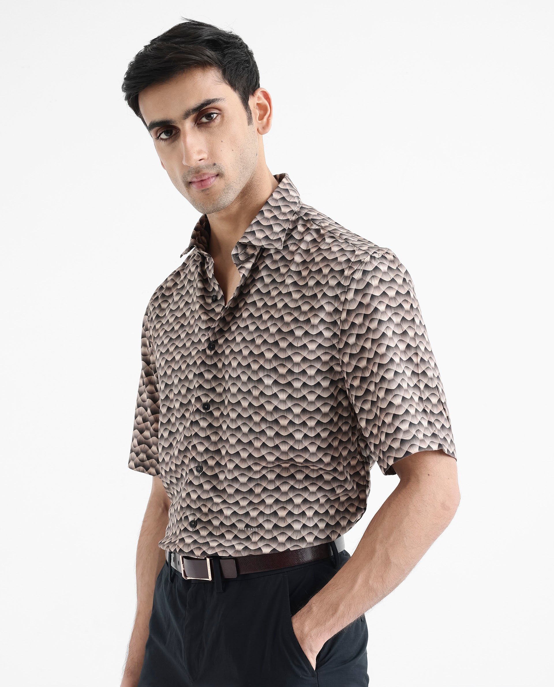 Rare Rabbit Men's Monar SS Beige Viscose Fabric Short Sleeves Boxy Fit Geometric Print Shirt