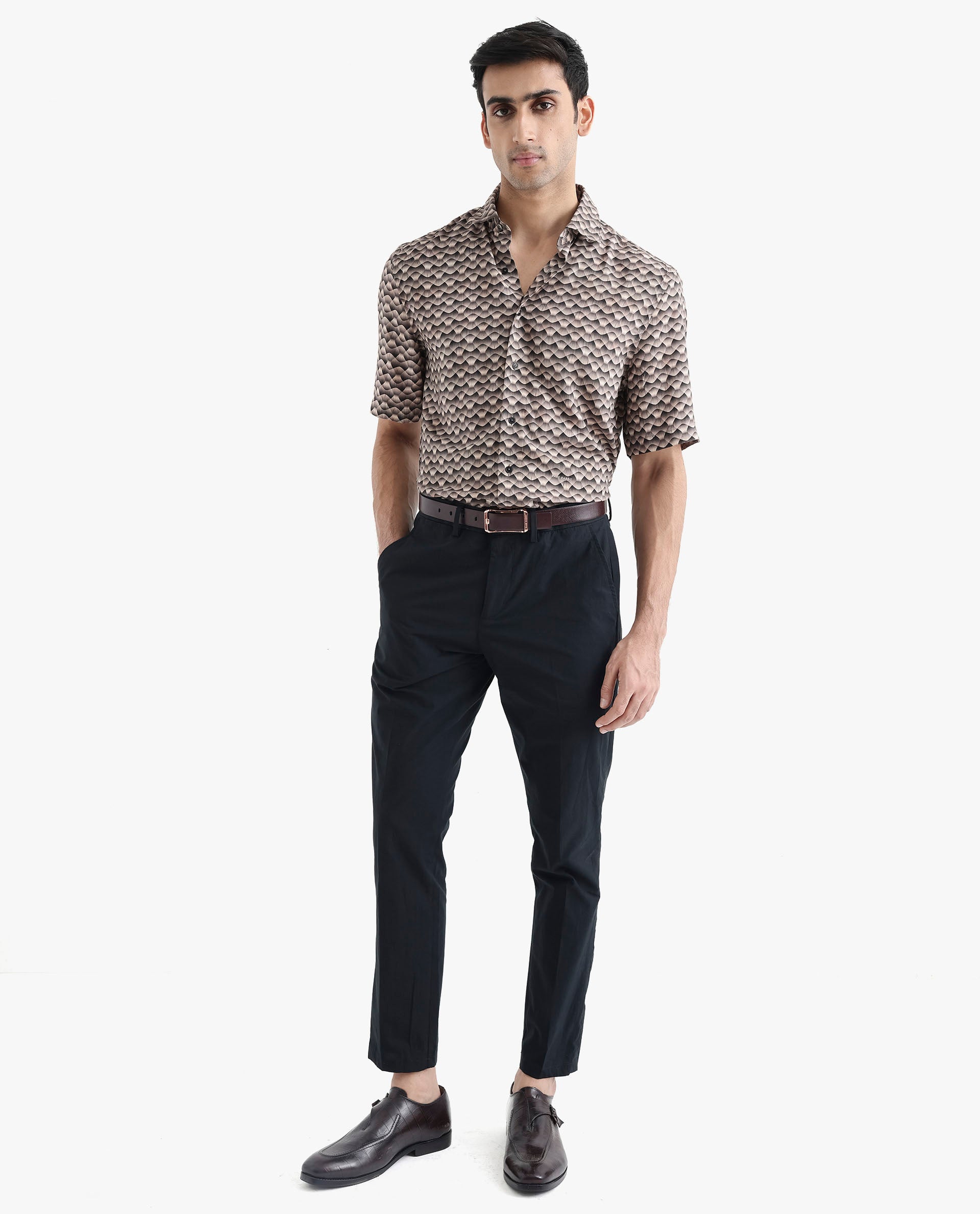 Rare Rabbit Men's Monar SS Beige Viscose Fabric Short Sleeves Boxy Fit Geometric Print Shirt