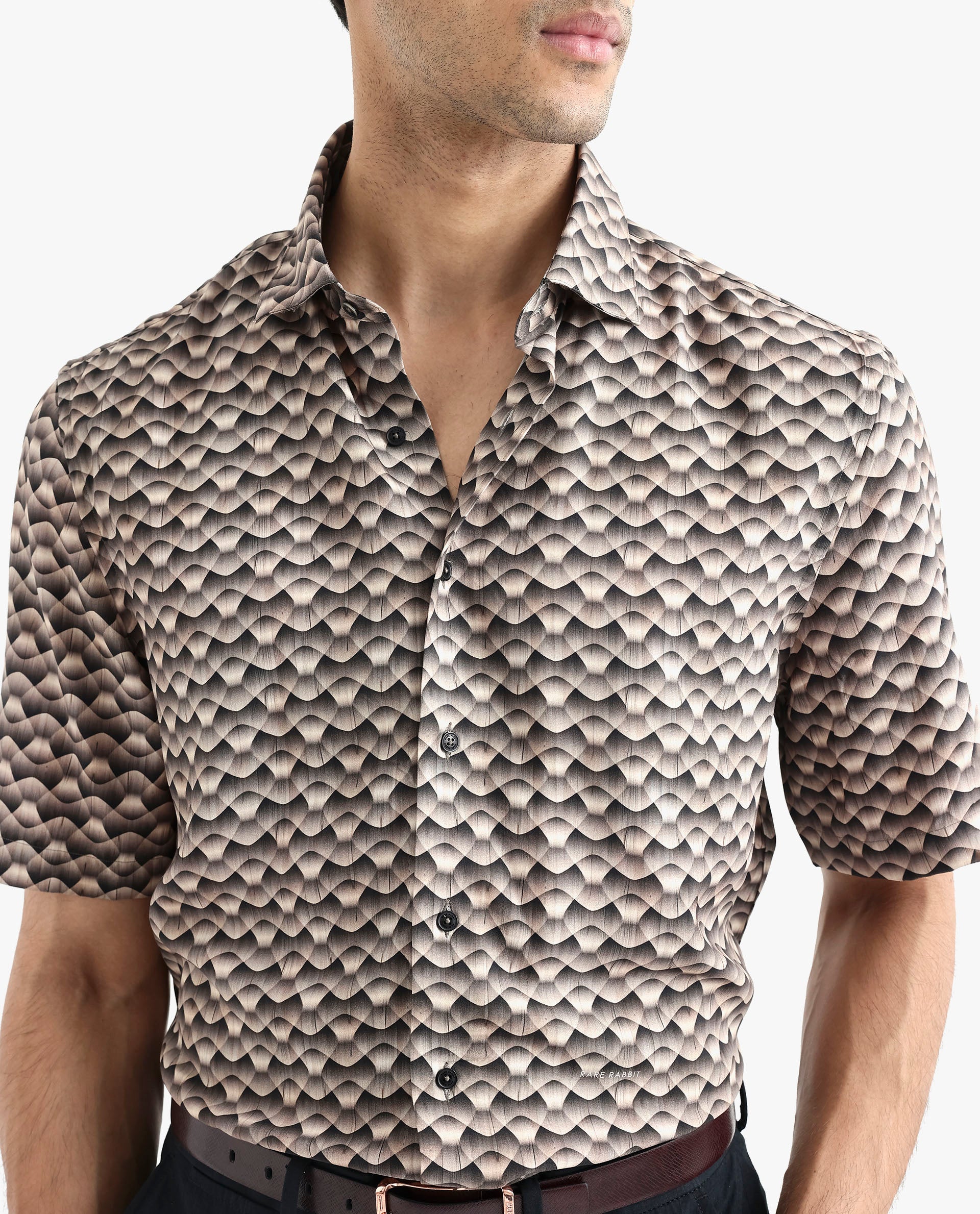 Rare Rabbit Men's Monar SS Beige Viscose Fabric Short Sleeves Boxy Fit Geometric Print Shirt