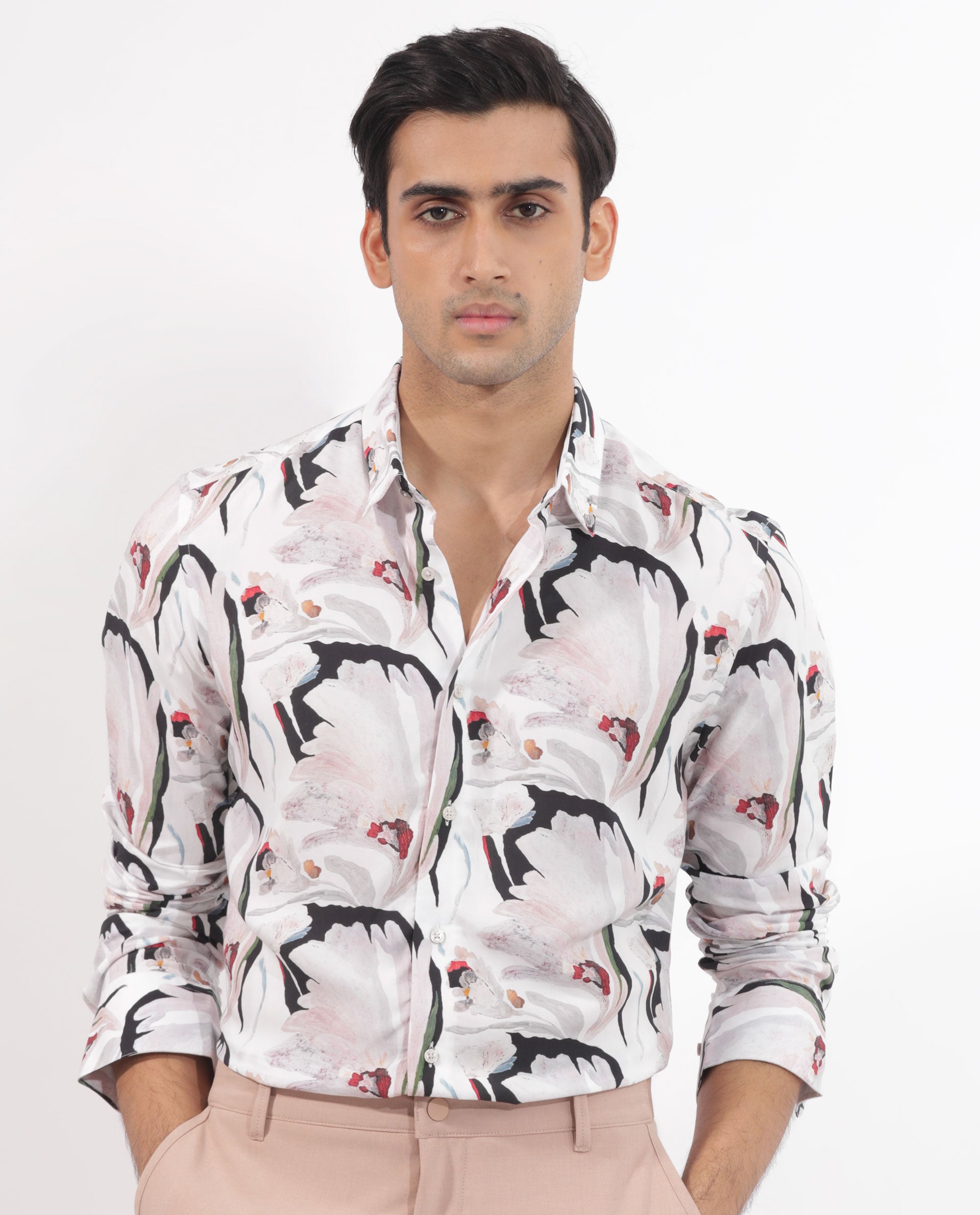 Rare Rabbit Mens Monch White Viscose Fabric Full Sleeve Abstract Floral Print Shirt