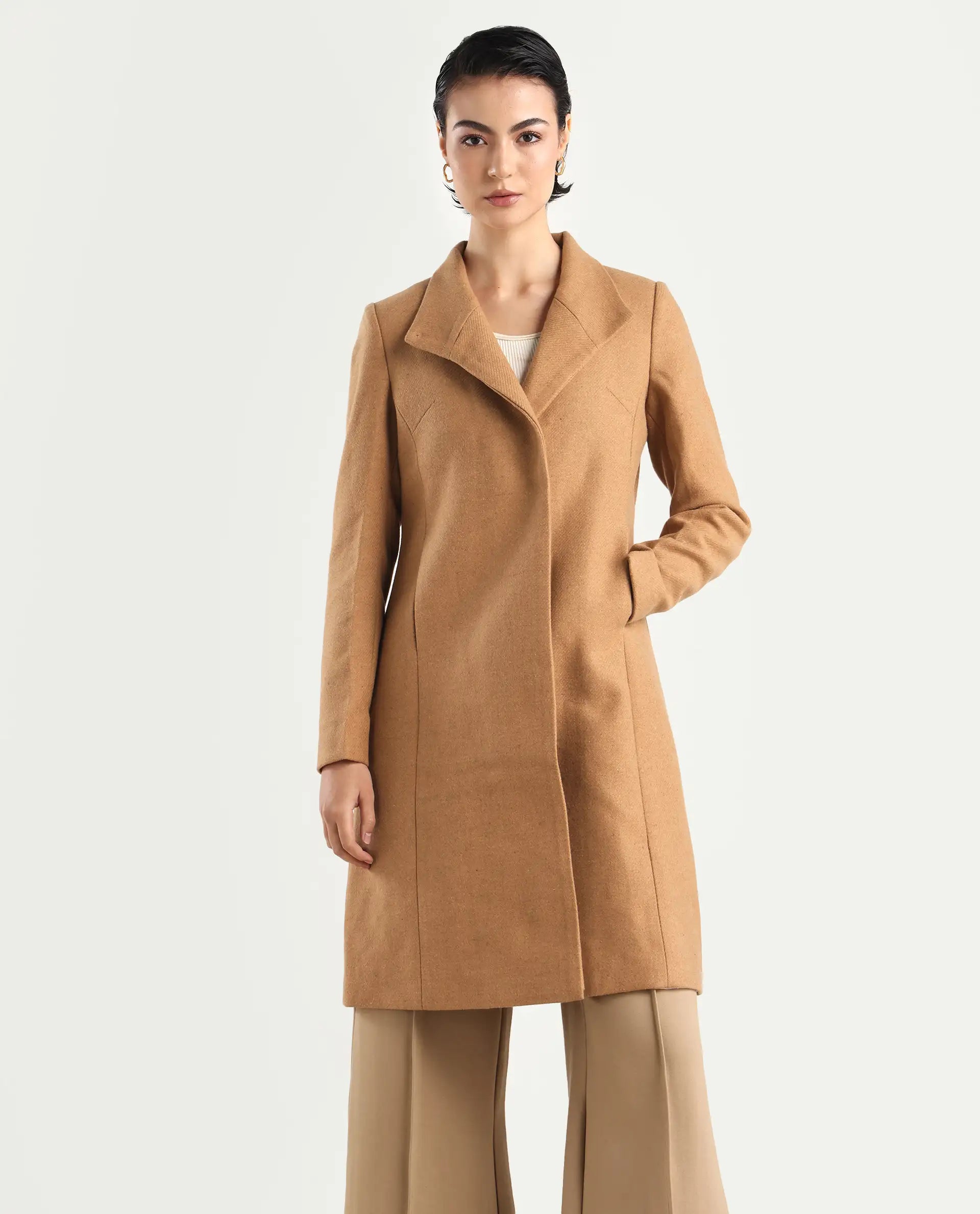Rareism Women's Monch Beige Overlap Neck Plain Midi Boxy Fit Jacket