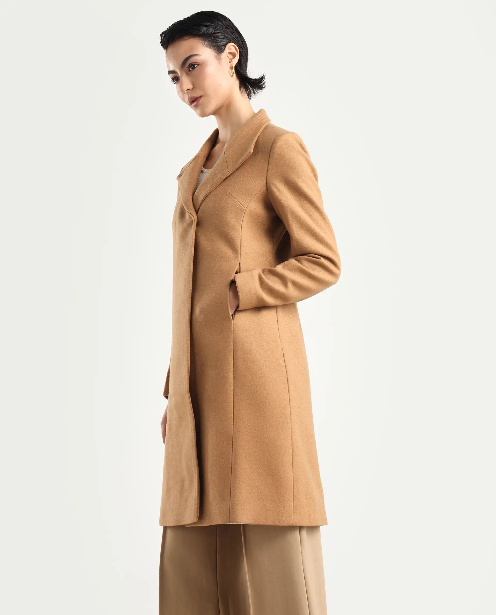 Rareism Women's Monch Beige Overlap Neck Plain Midi Boxy Fit Jacket