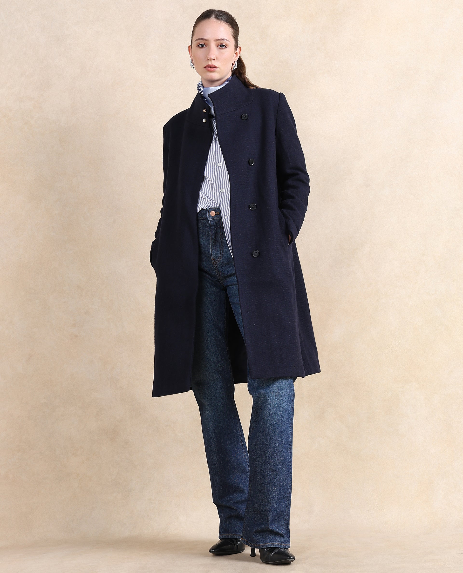 Rareism Women's Monch Navy Overlap Neck Plain Midi Boxy Fit Jacket