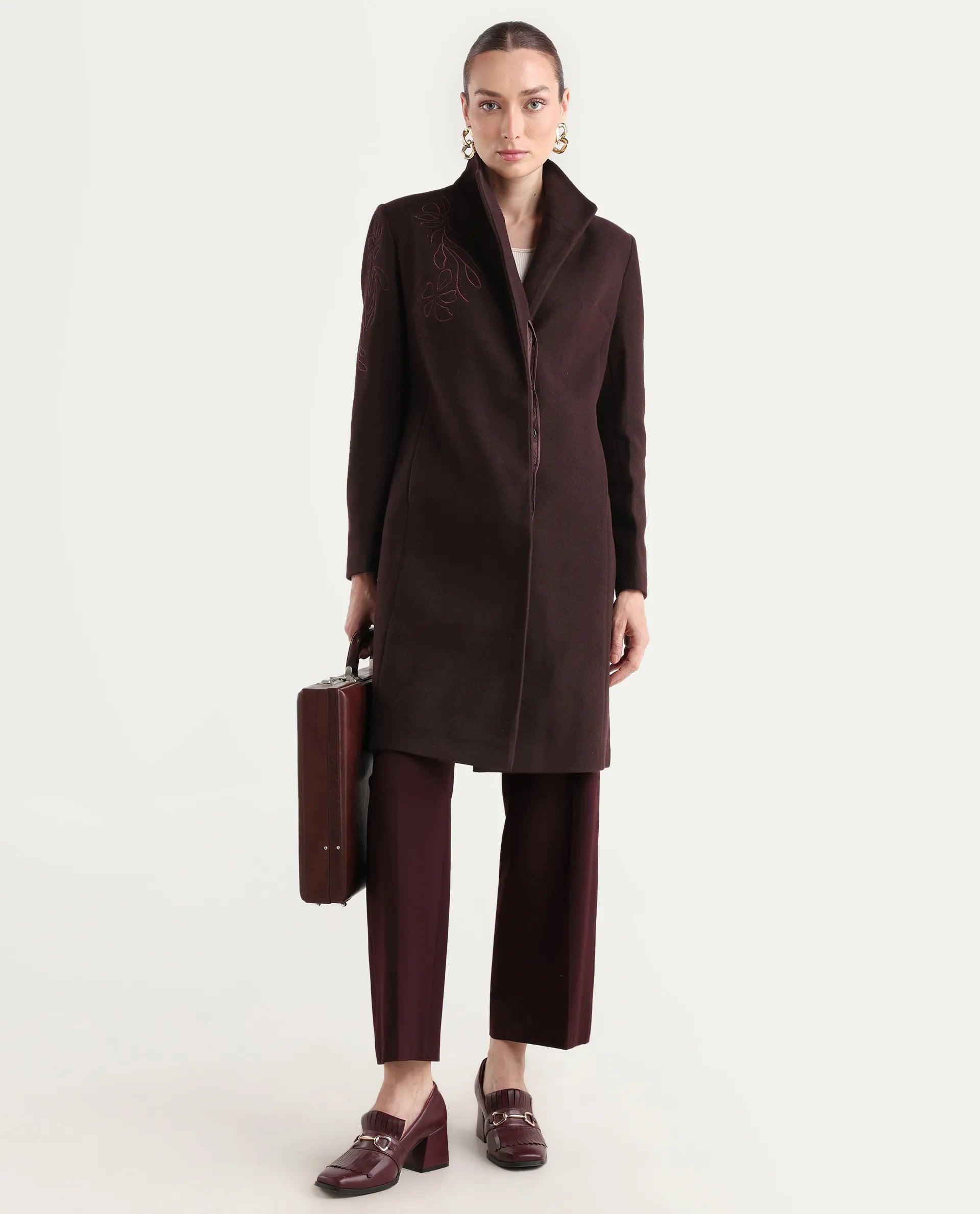 Rareism Women's Monchy Prune Polyester Blend High Neck Regular Fit Coat