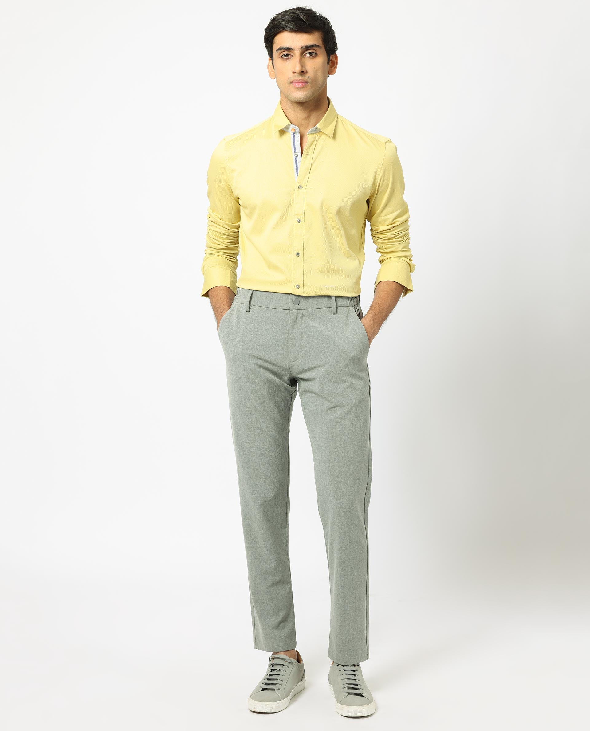 Rare Rabbit Men's Mond Yellow Cotton Fabric Full Sleeves Textured Shirt