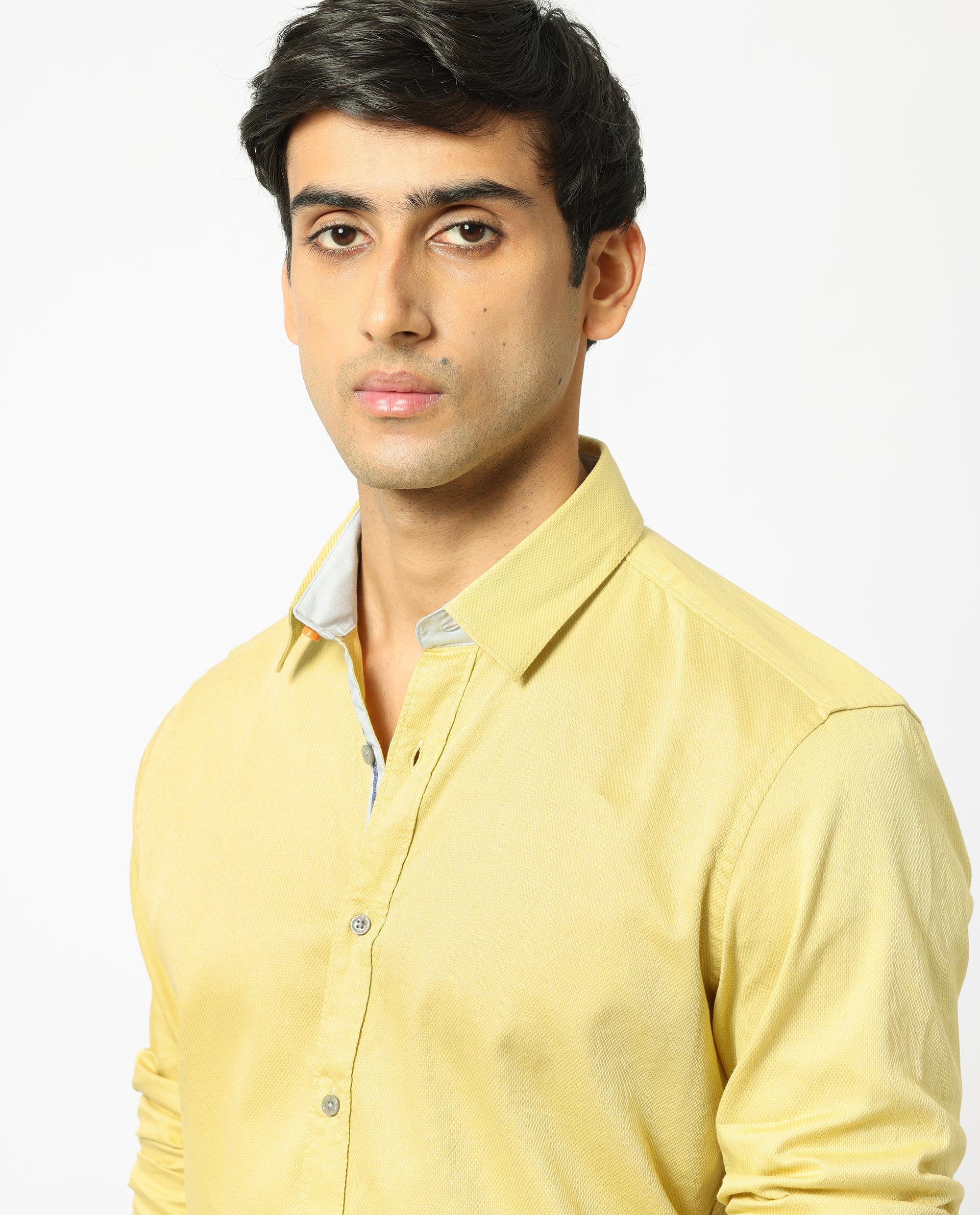 Rare Rabbit Men's Mond Yellow Cotton Fabric Full Sleeves Textured Shirt