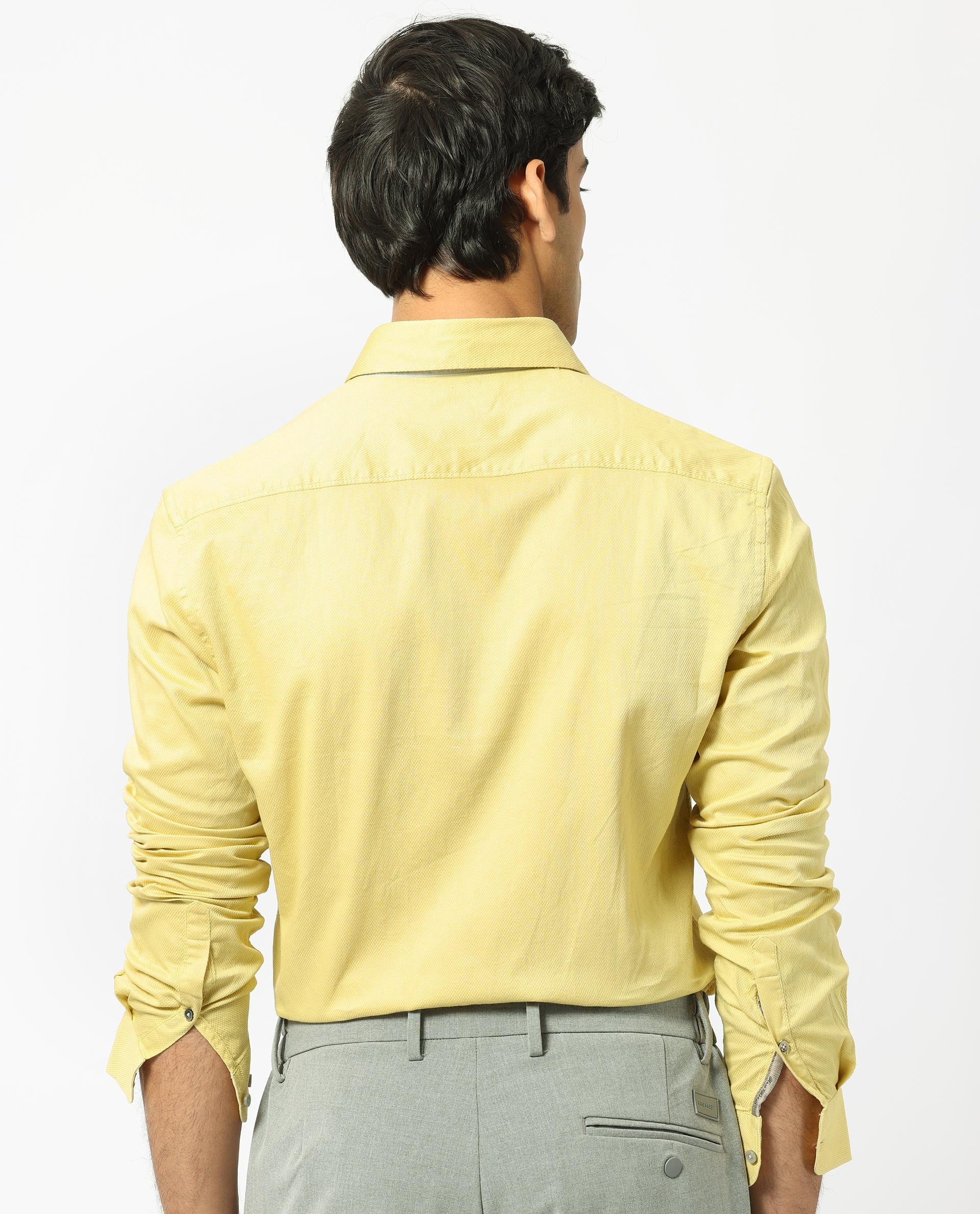 Rare Rabbit Men's Mond Yellow Cotton Fabric Full Sleeves Textured Shirt