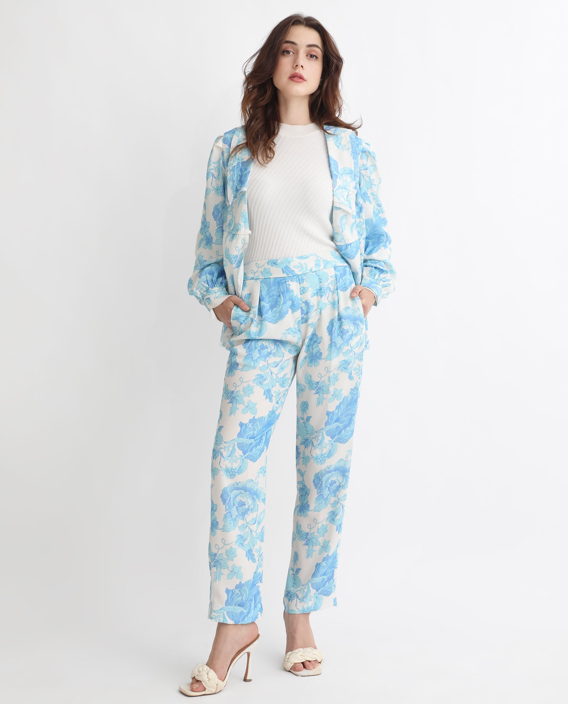 Rareism Women Mongo Light Blue Polyester Fabric Relaxed Fit Floral Print Ankle Length Trousers