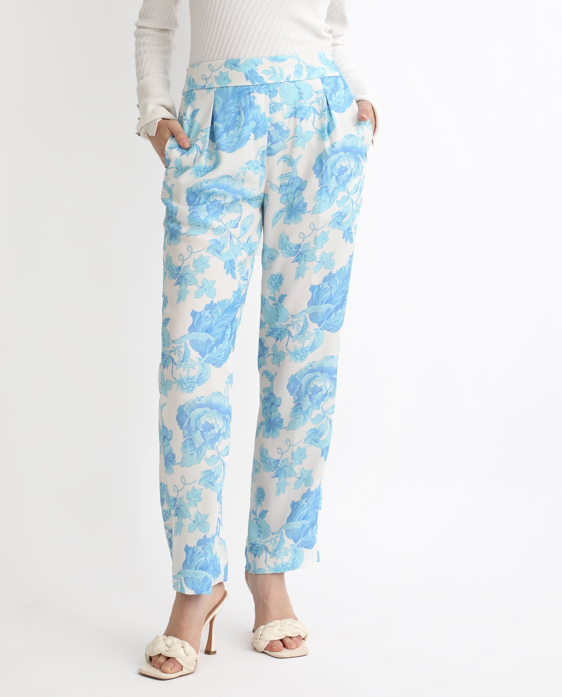 Rareism Women Mongo Light Blue Polyester Fabric Relaxed Fit Floral Print Ankle Length Trousers