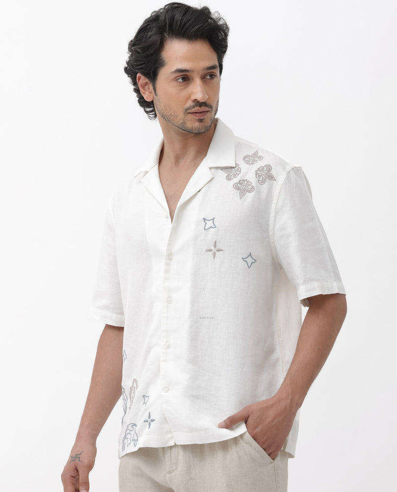 Rare Rabbit Mens Monobo White Half Sleeve Cuban Collar Embroidered Shirt
