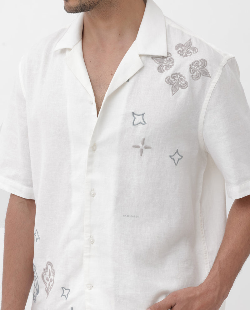 Rare Rabbit Mens Monobo White Half Sleeve Cuban Collar Embroidered Shirt