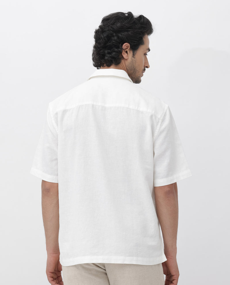 Rare Rabbit Mens Monobo White Cotton Linen Modal Fabric Half Sleeve Cuban Collar Boxy Fit Embroidered Shirt