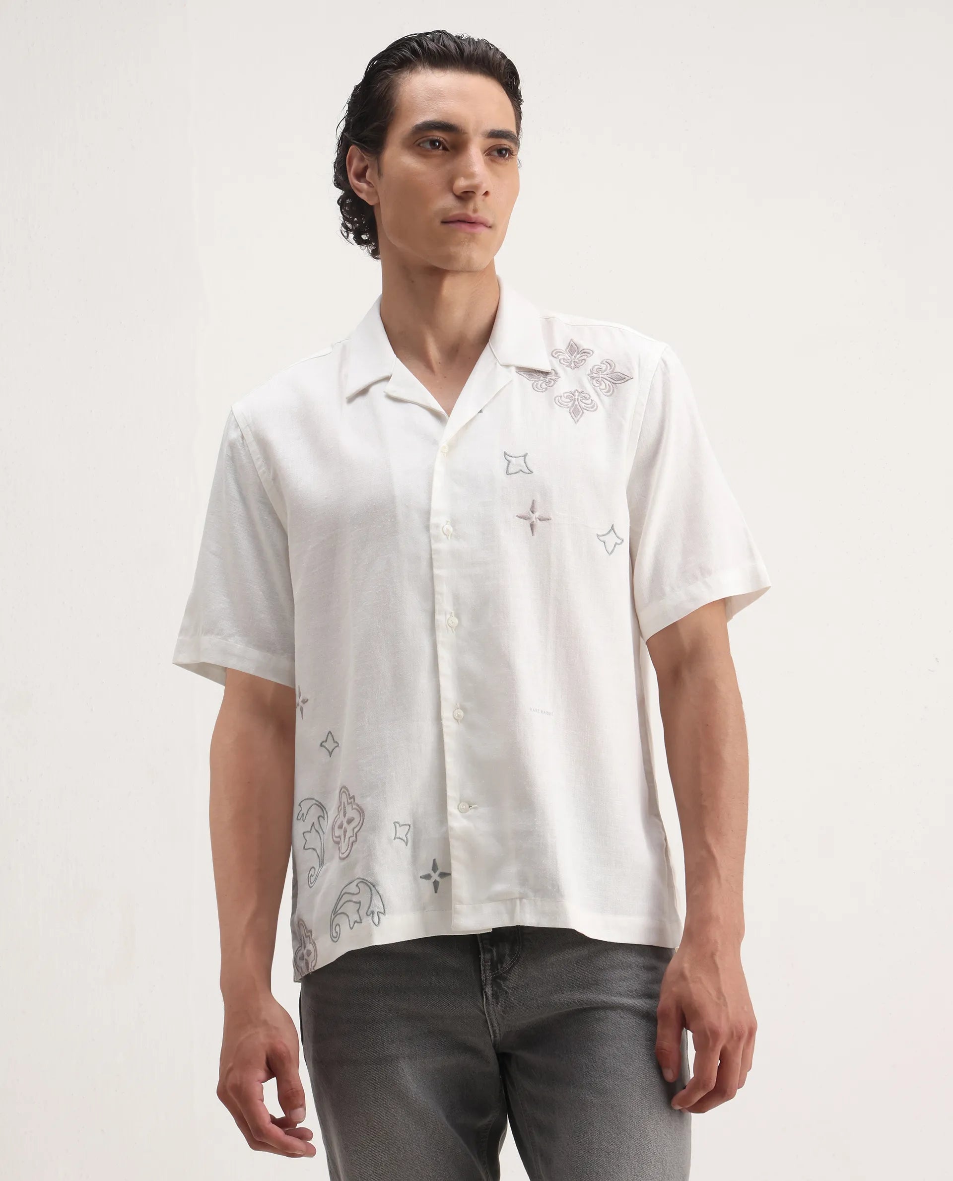 Rare Rabbit Men's Monobo White Linen Blend Embroidered Boxy Fit Half Sleeve Cuban Collar Shirt