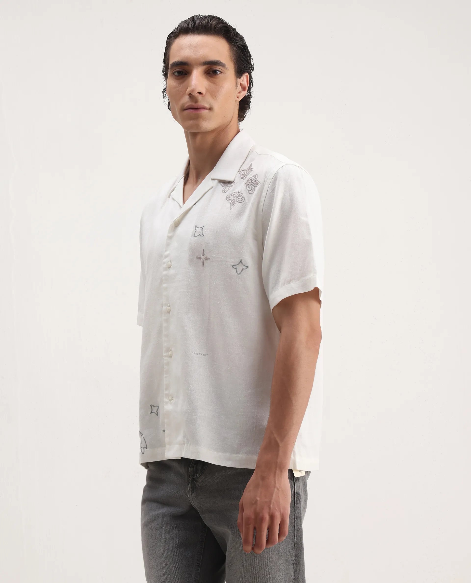 Rare Rabbit Men's Monobo White Linen Blend Embroidered Boxy Fit Half Sleeve Cuban Collar Shirt