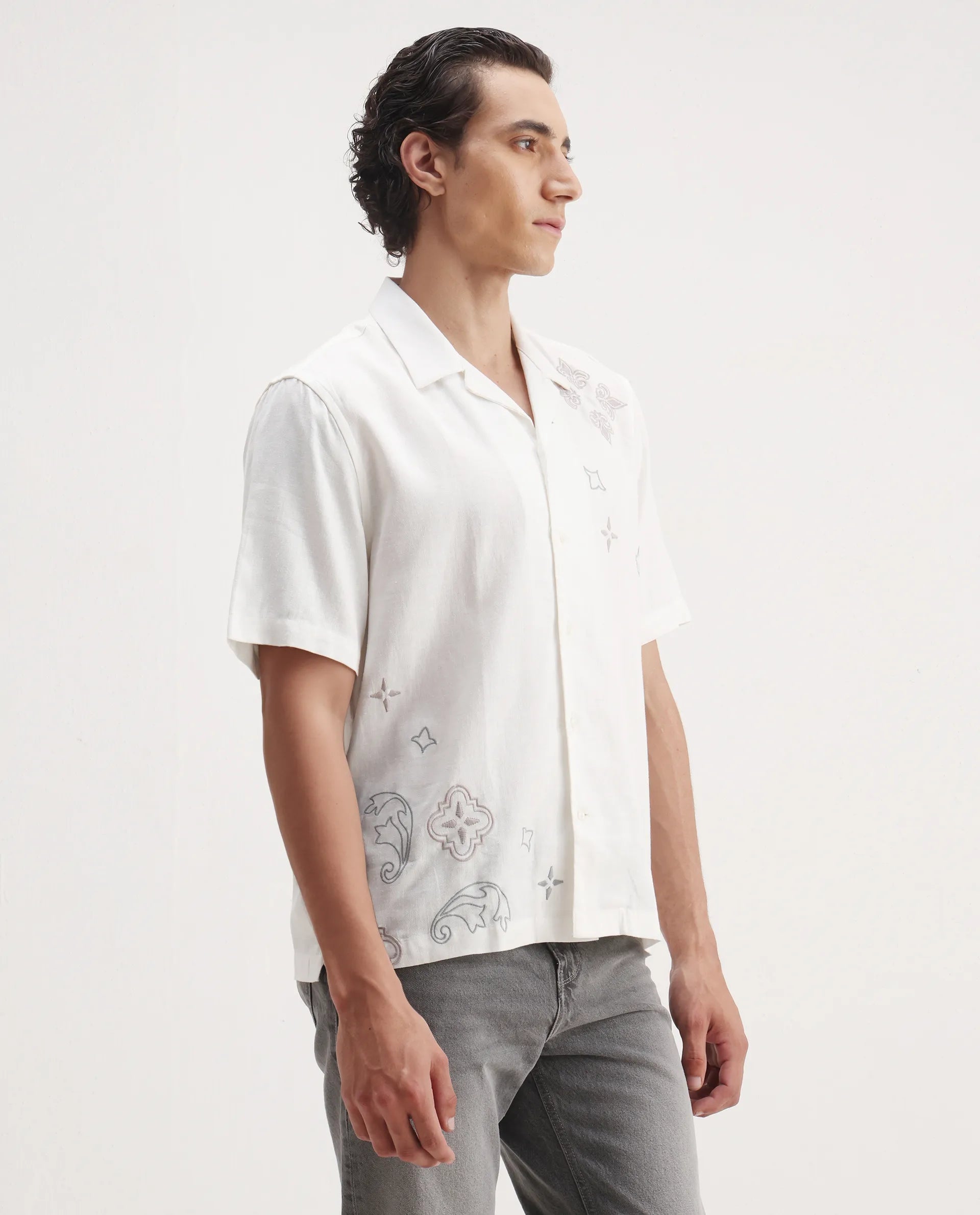 Rare Rabbit Men's Monobo White Linen Blend Embroidered Boxy Fit Half Sleeve Cuban Collar Shirt