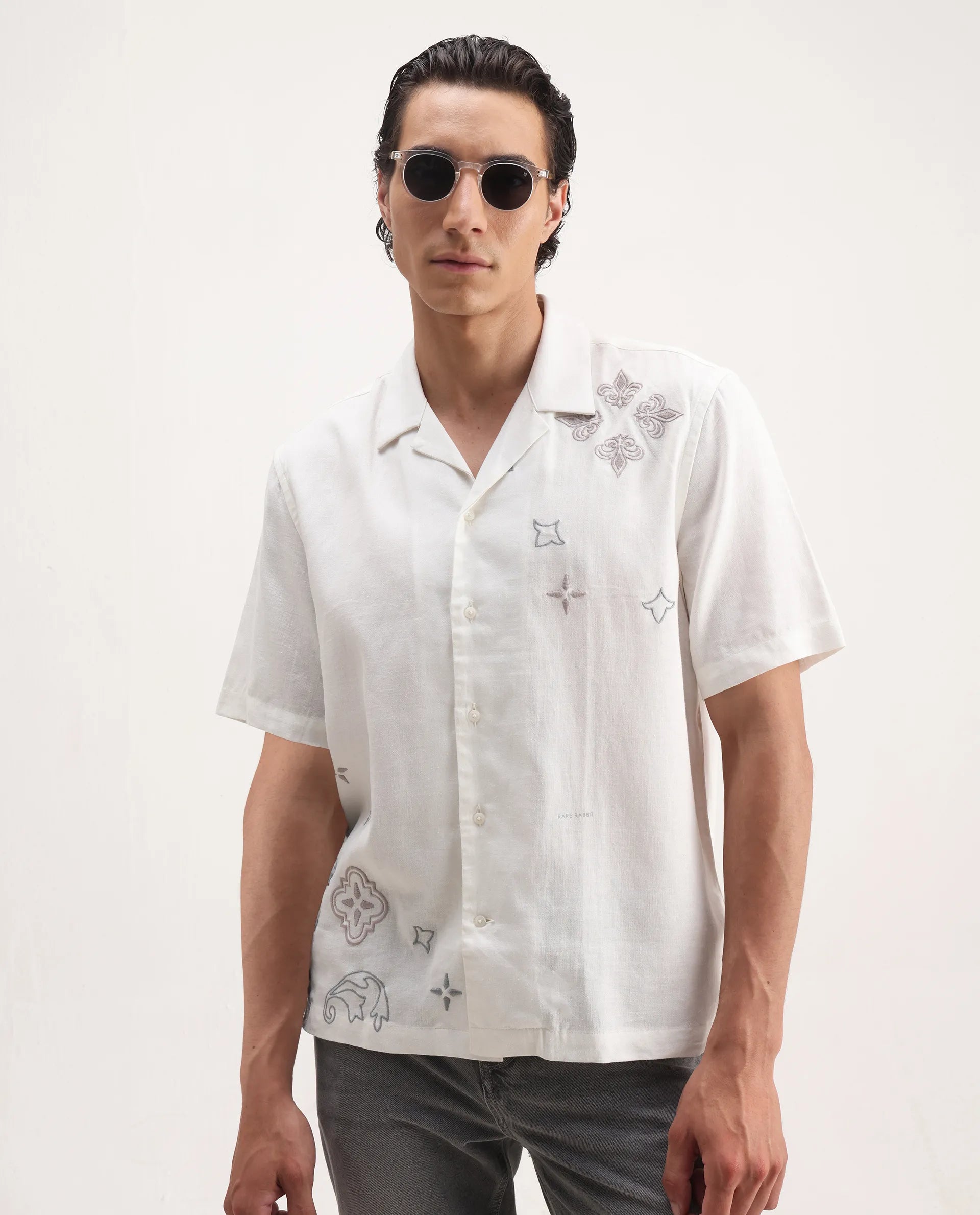Rare Rabbit Men's Monobo White Linen Blend Embroidered Boxy Fit Half Sleeve Cuban Collar Shirt