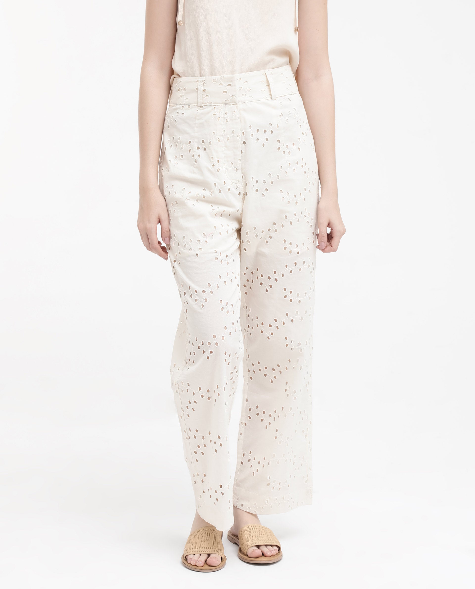 Rareism Women Montana-B Light Off-White Cotton Trouser