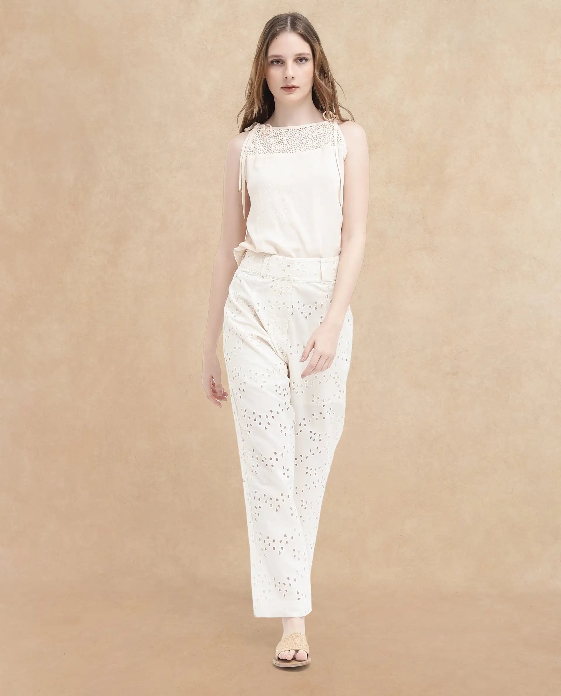 Rareism Women's Montana-B Light Off White Cotton Plain Regular Fit Trouser