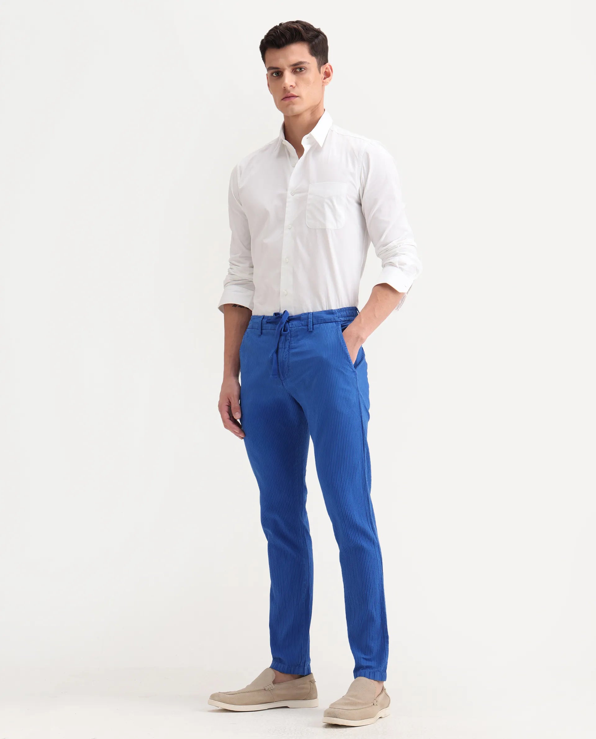 Rare Rabbit Men's Monter Fluorescent Blue Cotton Striped Print Regular Fit Trouser