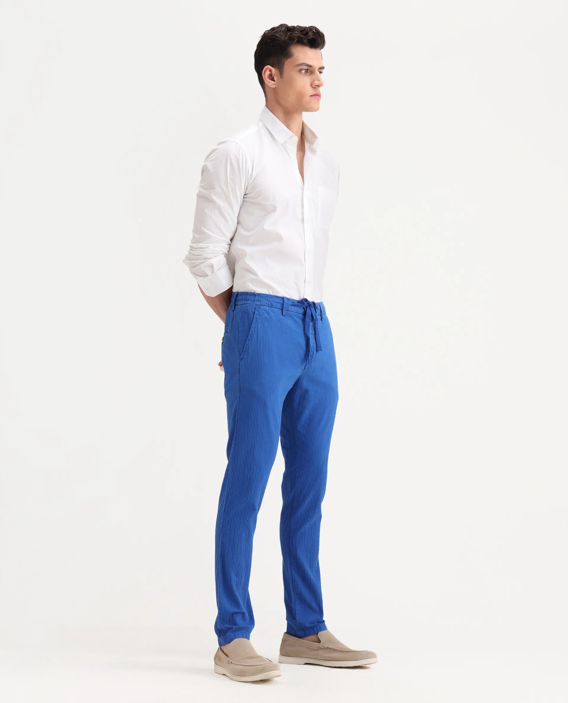 Rare Rabbit Men's Monter Fluorescent Blue Cotton Striped Print Regular Fit Trouser