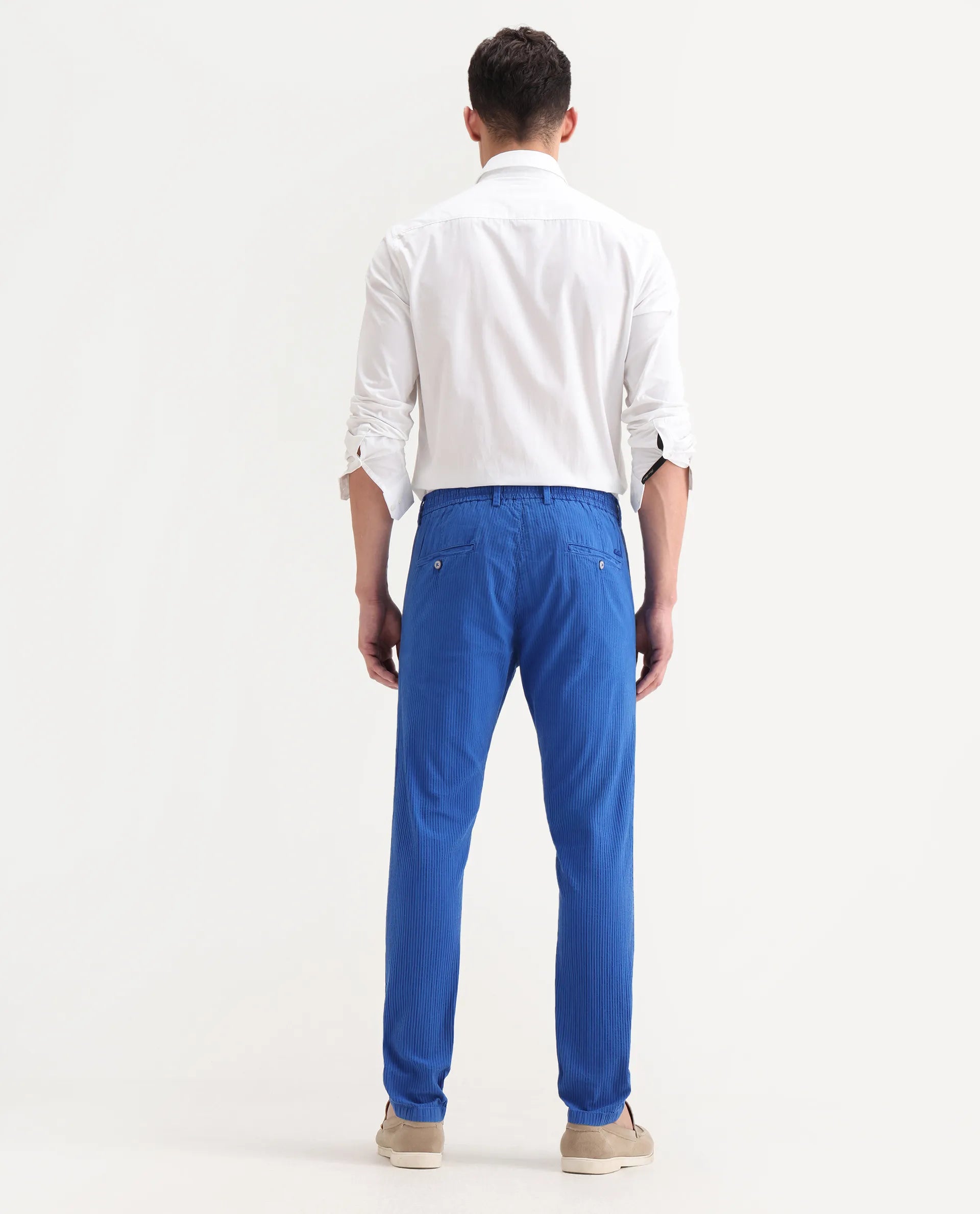 Rare Rabbit Men's Monter Fluorescent Blue Cotton Striped Print Regular Fit Trouser