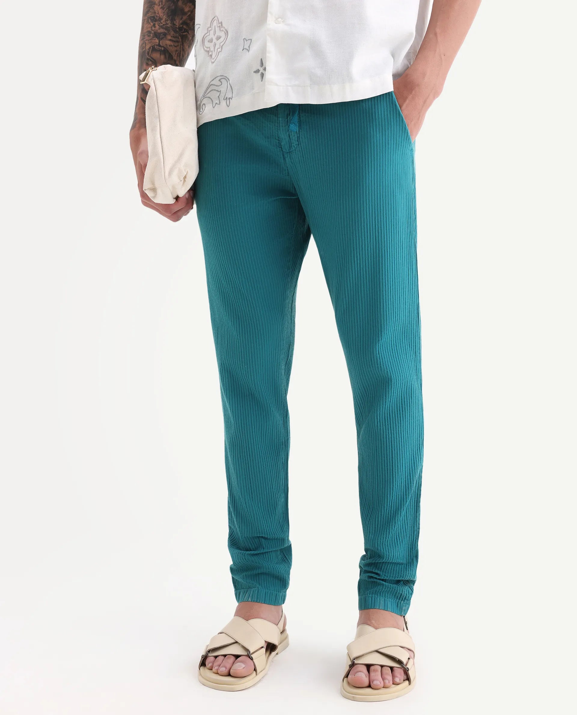 Rare Rabbit Men's Monter Green Cotton Striped Print Regular Fit Trouser