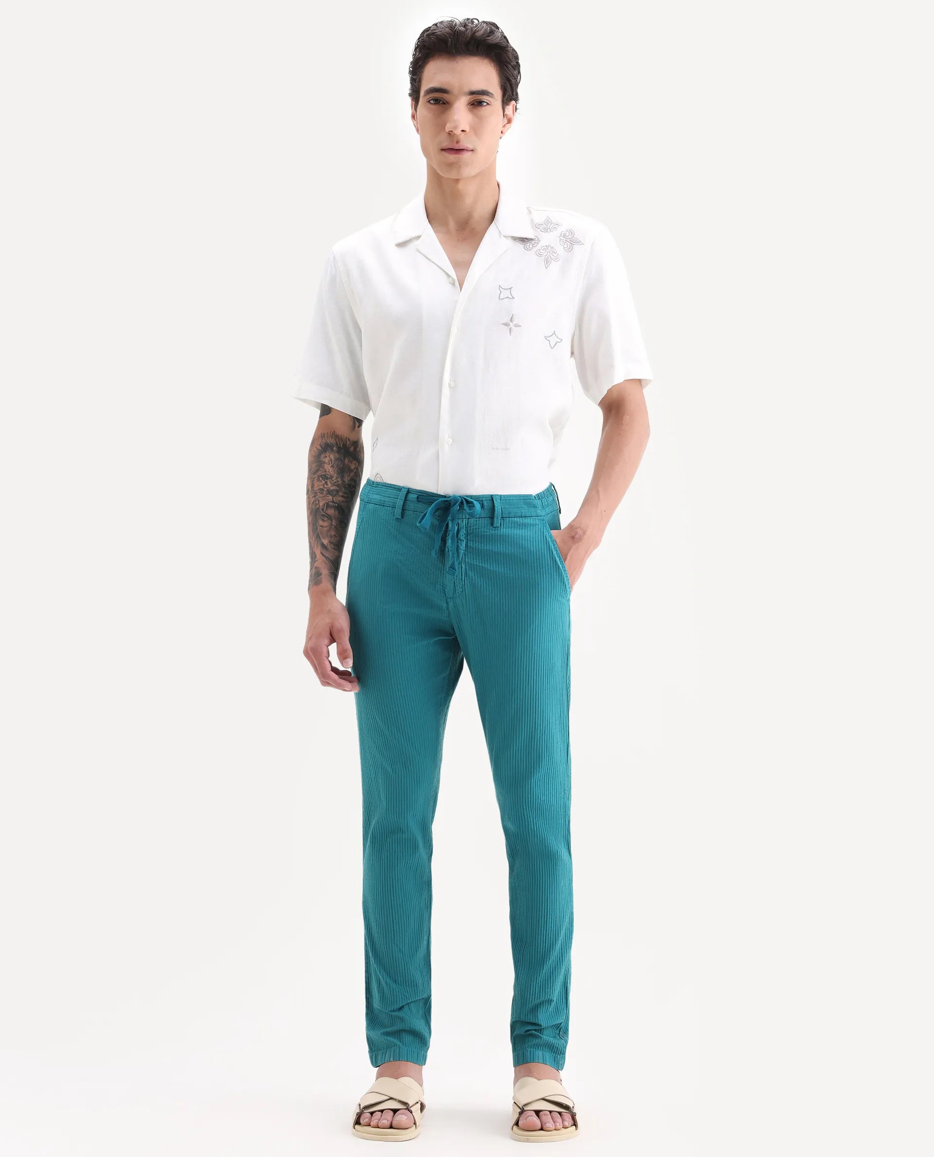 Rare Rabbit Men's Monter Green Cotton Striped Print Regular Fit Trouser