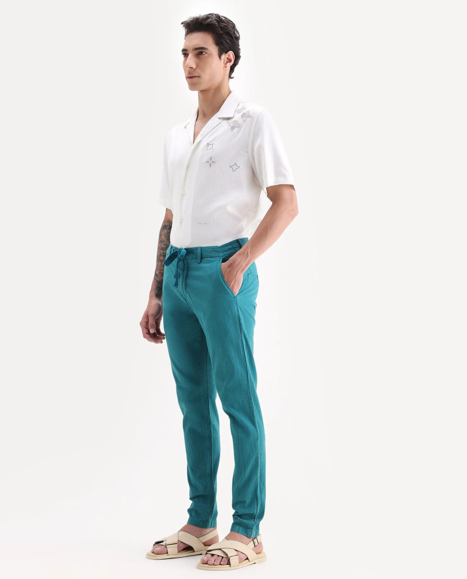 Rare Rabbit Men's Monter Green Cotton Striped Print Regular Fit Trouser