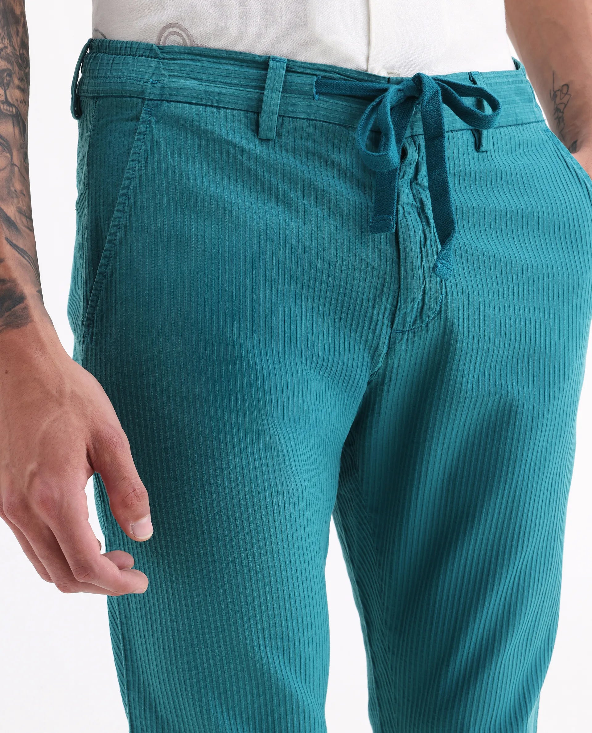 Rare Rabbit Men's Monter Green Cotton Striped Print Regular Fit Trouser