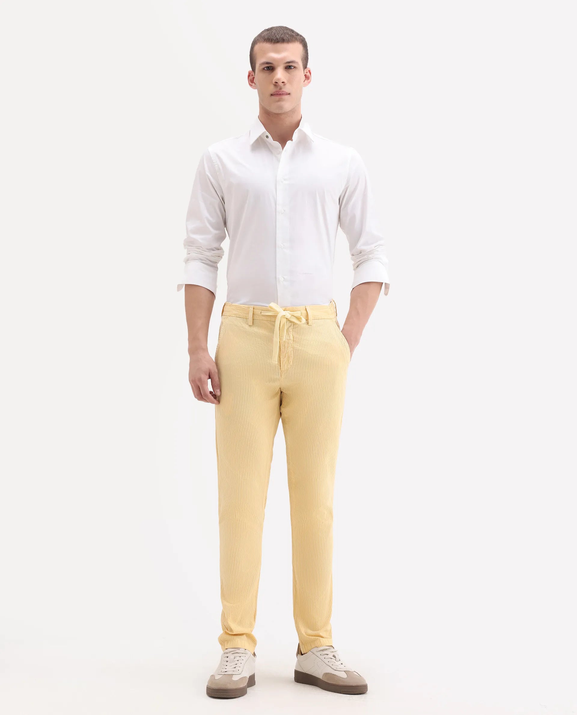 Rare Rabbit Men's Monter Mustard Cotton Striped Print Regular Fit Trouser