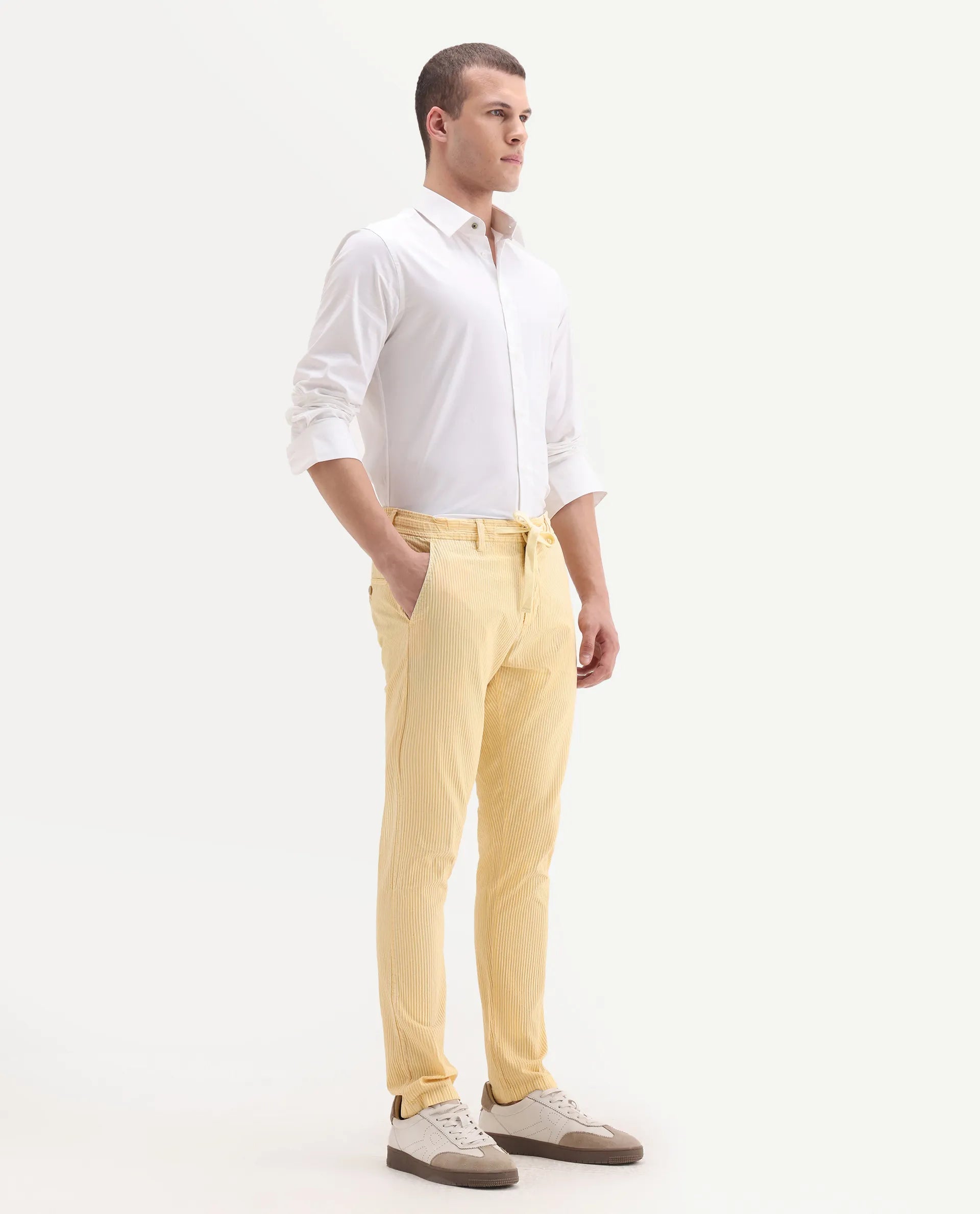 Rare Rabbit Men's Monter Mustard Cotton Striped Print Regular Fit Trouser