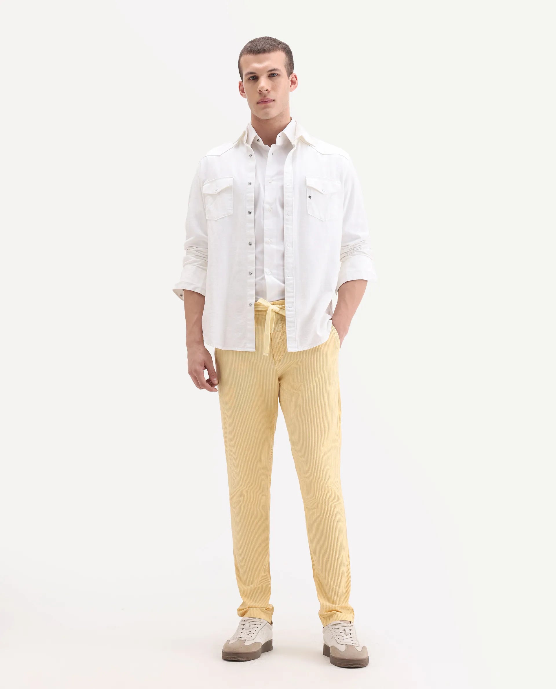 Rare Rabbit Men's Monter Mustard Cotton Striped Print Regular Fit Trouser