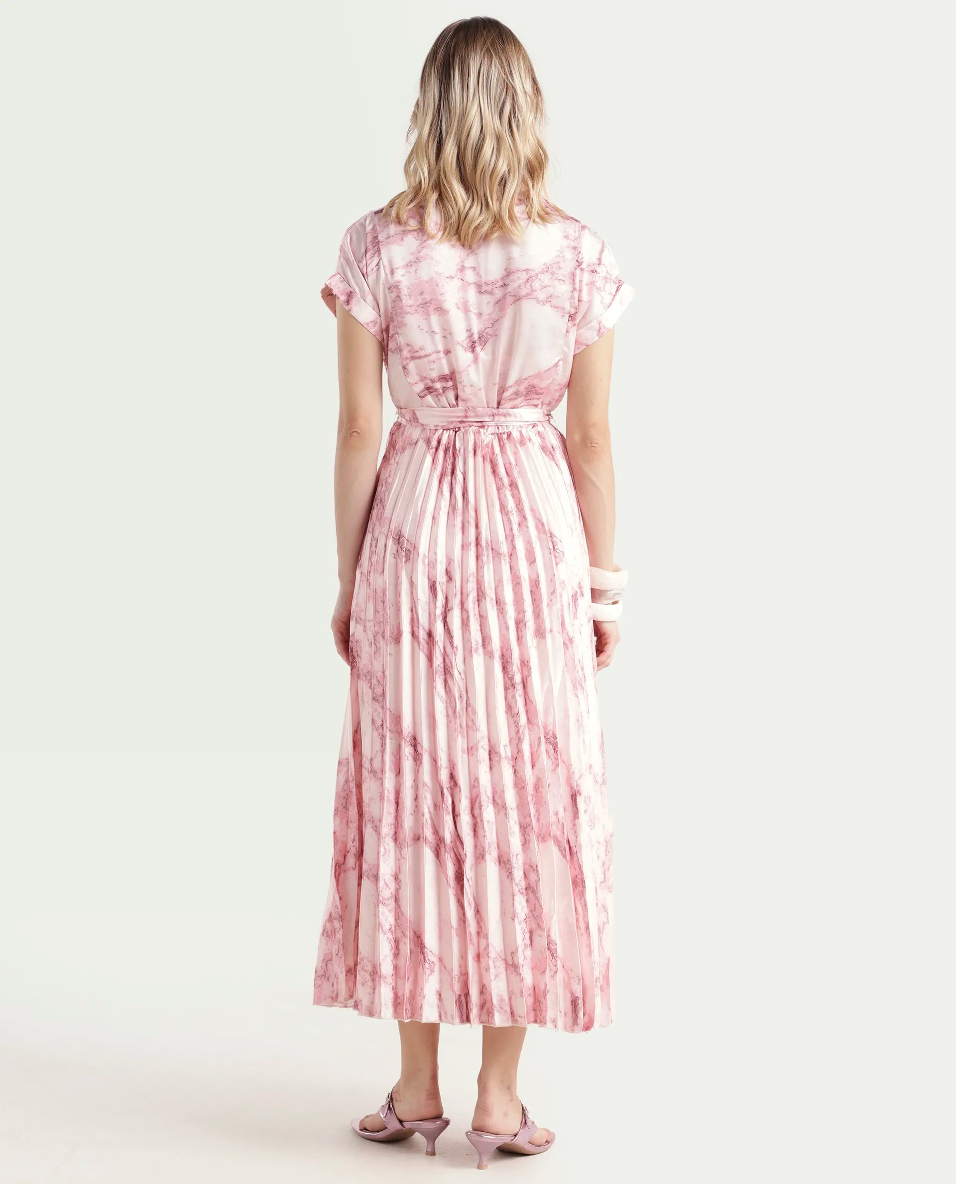Rareism Women's Montmello Metallic Pink Cotton Blend V-Neck Abstract Print Extended Sleeves Midi Fit And Flare Dress