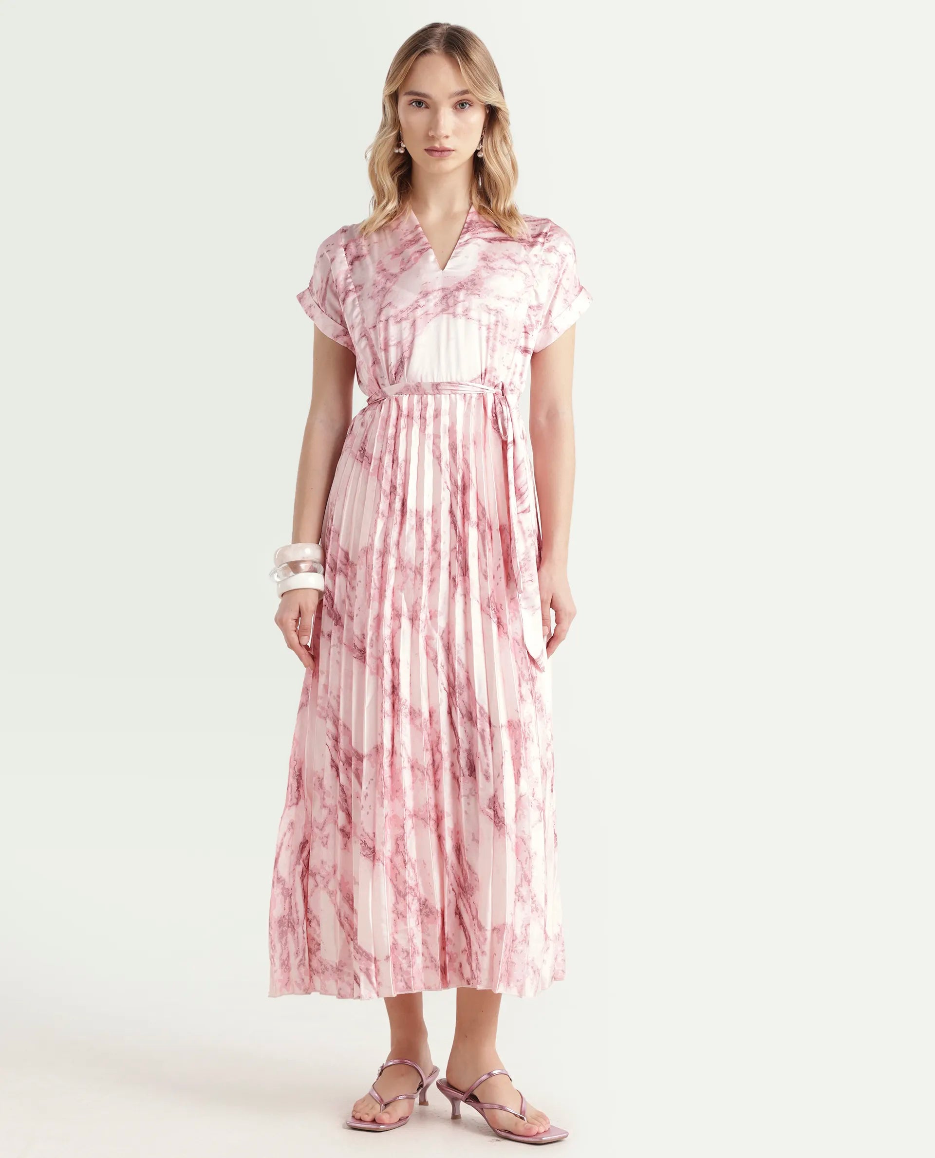 Rareism Women's Montmello Metallic Pink Cotton Blend V-Neck Abstract Print Extended Sleeves Midi Fit And Flare Dress