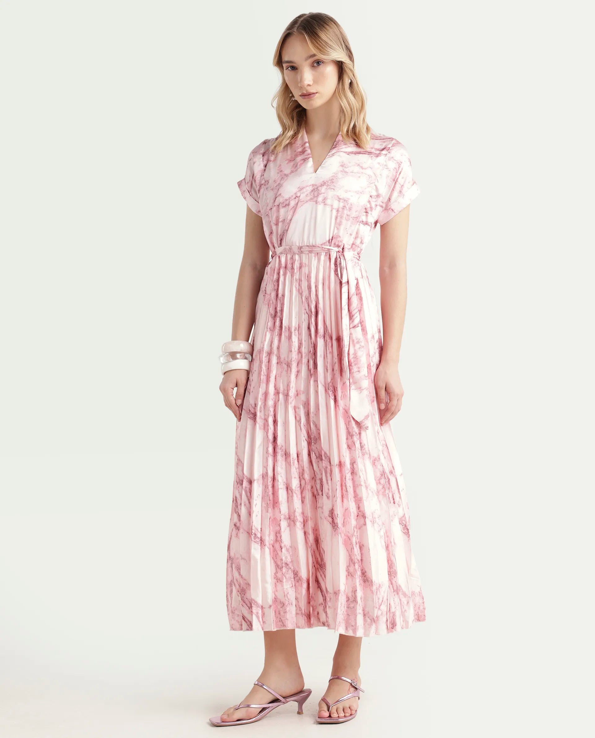 Rareism Women's Montmello Metallic Pink Cotton Blend V-Neck Abstract Print Extended Sleeves Midi Fit And Flare Dress