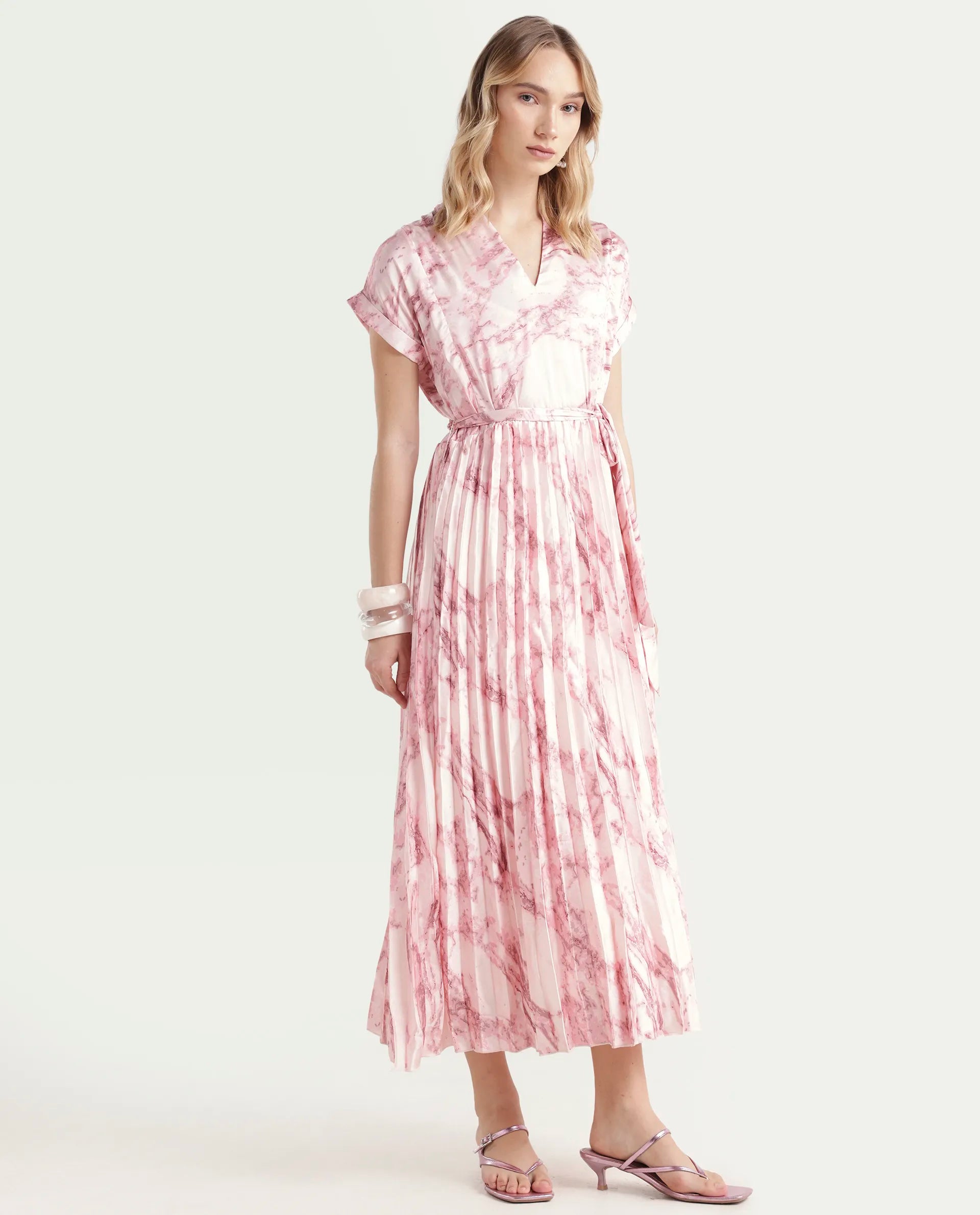 Rareism Women's Montmello Metallic Pink Cotton Blend V-Neck Abstract Print Extended Sleeves Midi Fit And Flare Dress