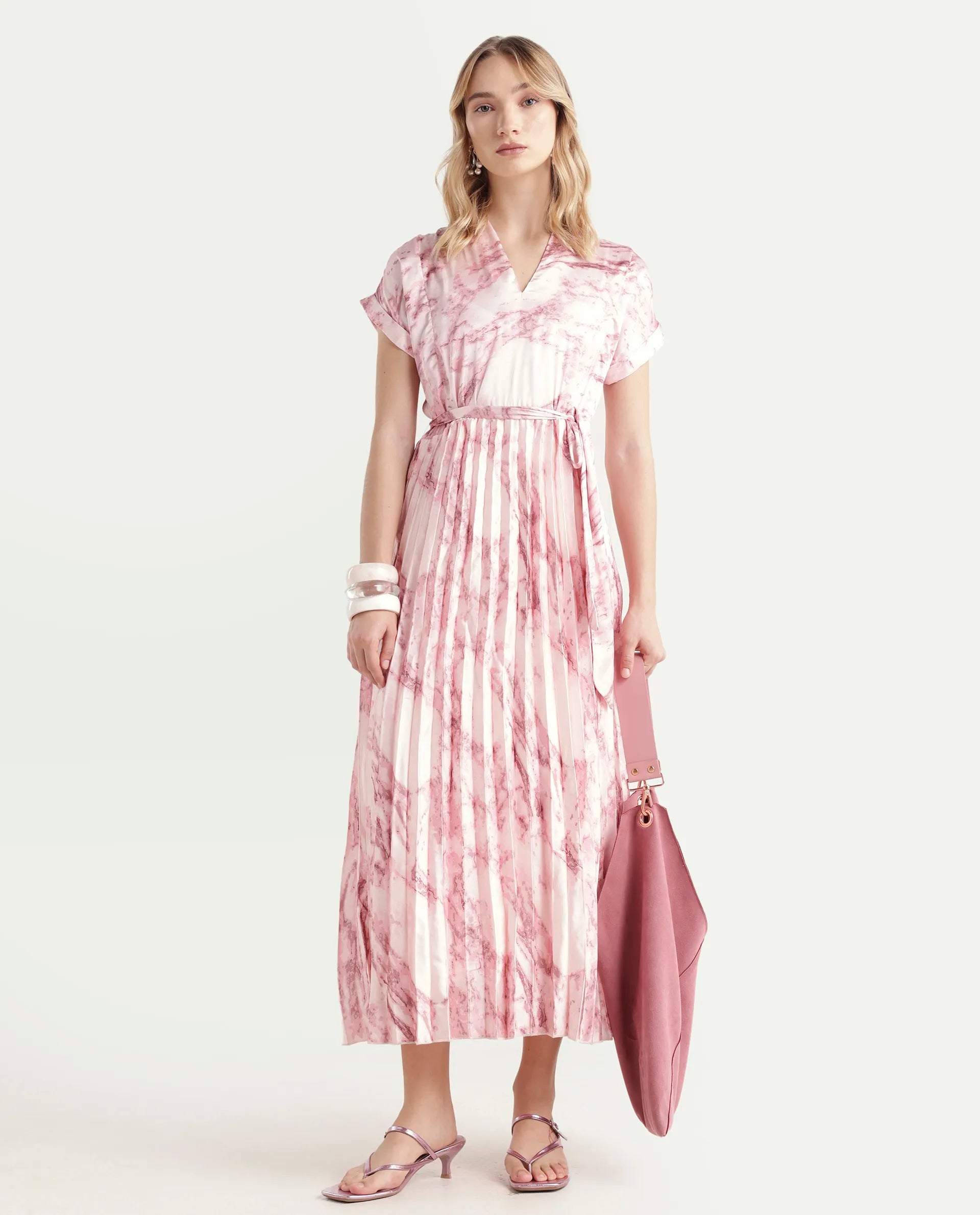 Rareism Women's Montmello Metallic Pink Cotton Blend V-Neck Abstract Print Extended Sleeves Midi Fit And Flare Dress
