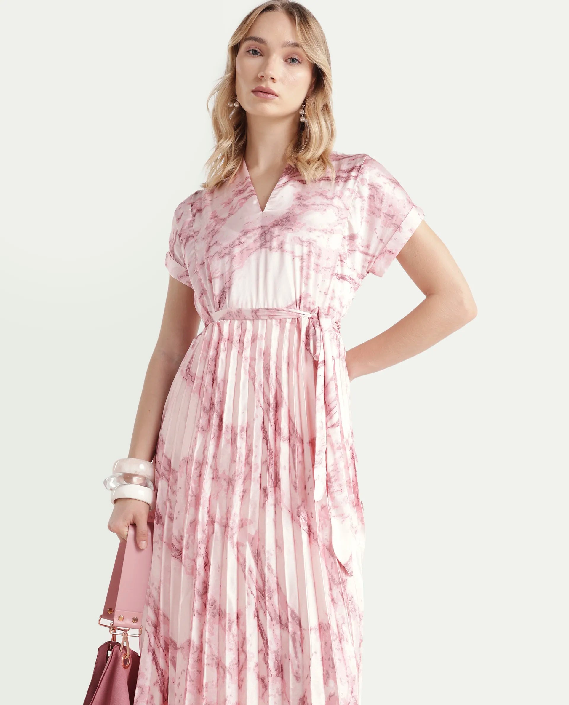 Rareism Women's Montmello Metallic Pink Cotton Blend V-Neck Abstract Print Extended Sleeves Midi Fit And Flare Dress