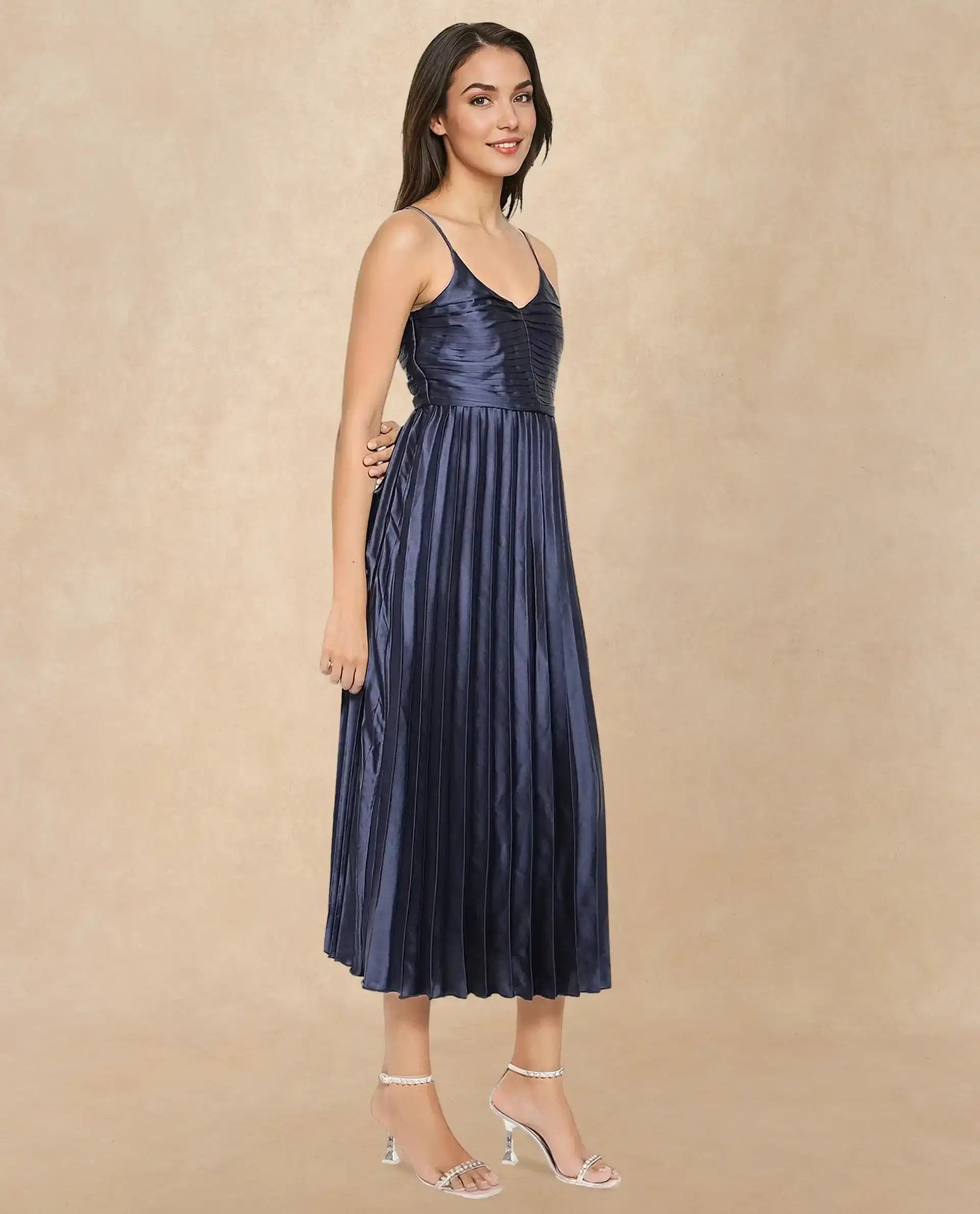 Rareism Women Montreal Metallic Navy Polyester Fabric Noodle Straps Plain Dress