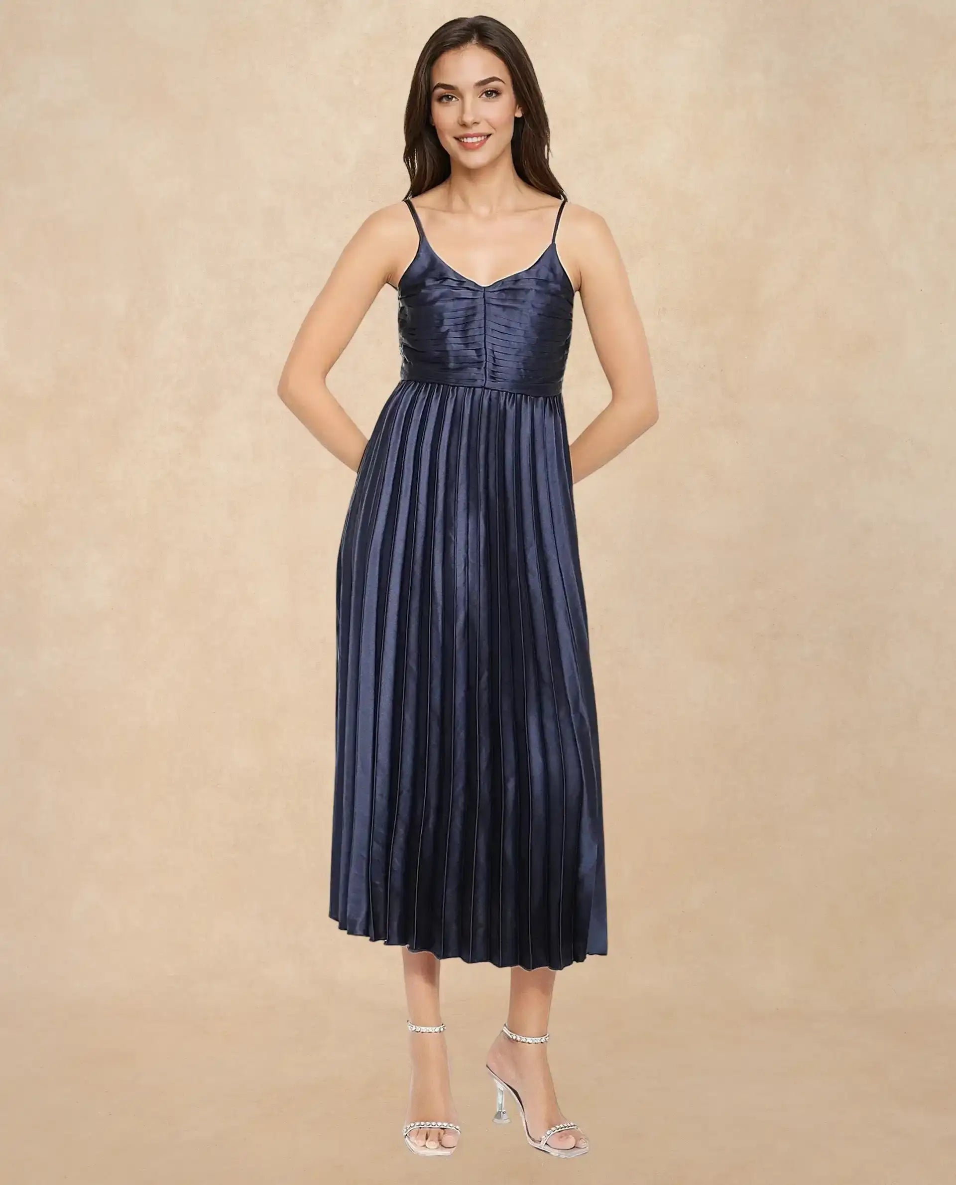Rareism Women Montreal Metallic Navy Polyester Fabric Noodle Straps Plain Dress