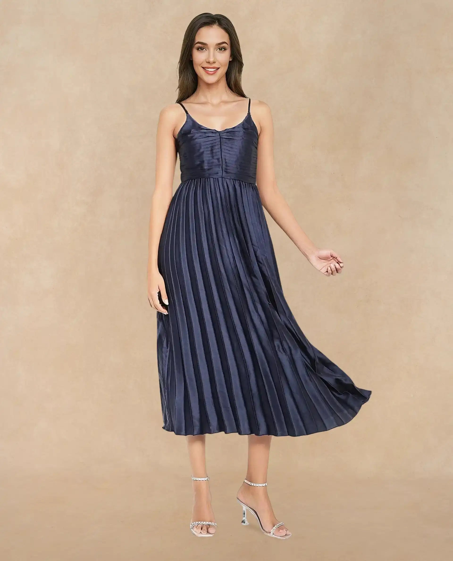 Rareism Women Montreal Metallic Navy Polyester Fabric Noodle Straps Plain Dress