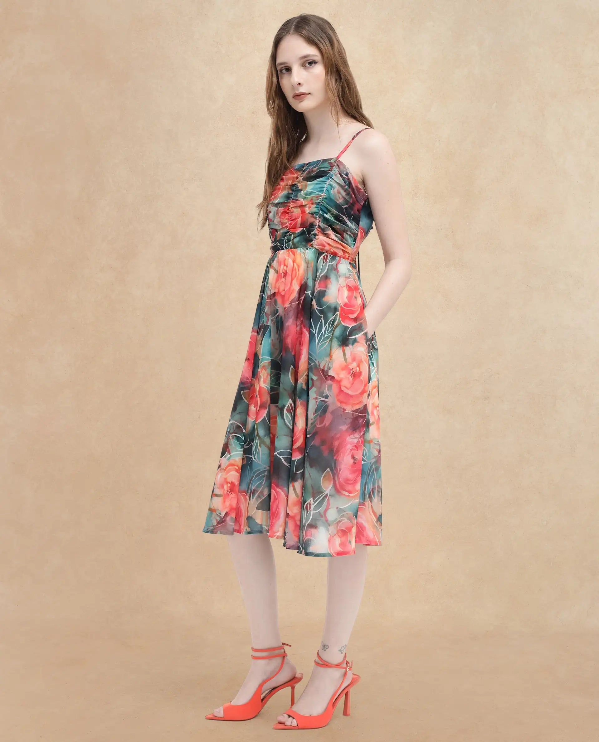 Rareism Women Monza Dark Multi Shoulder Straps Shoulder Straps Zipper Closure Fit And Flare Floral Print Midi Dress