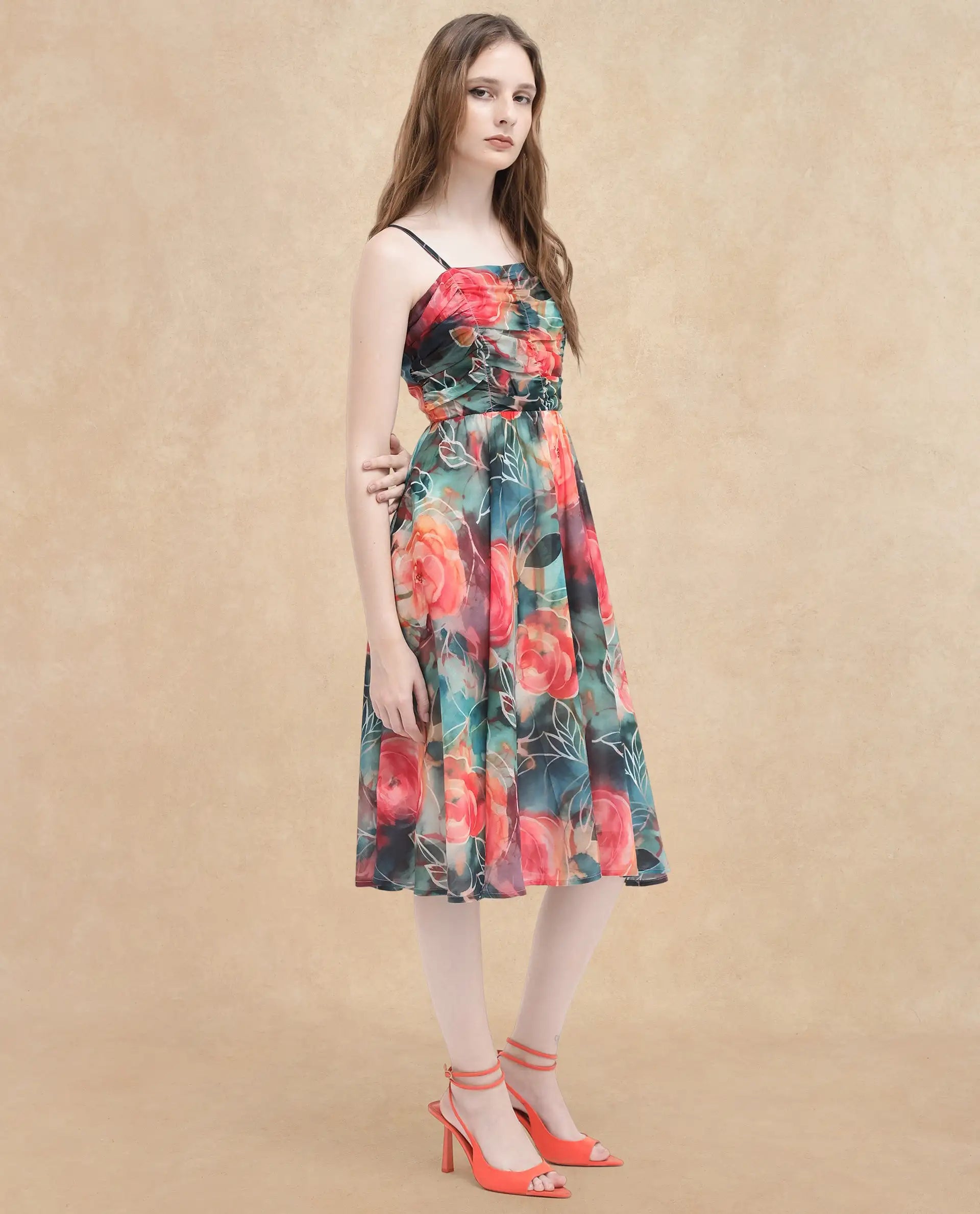 Rareism Women Monza Dark Multi Shoulder Straps Shoulder Straps Zipper Closure Fit And Flare Floral Print Midi Dress