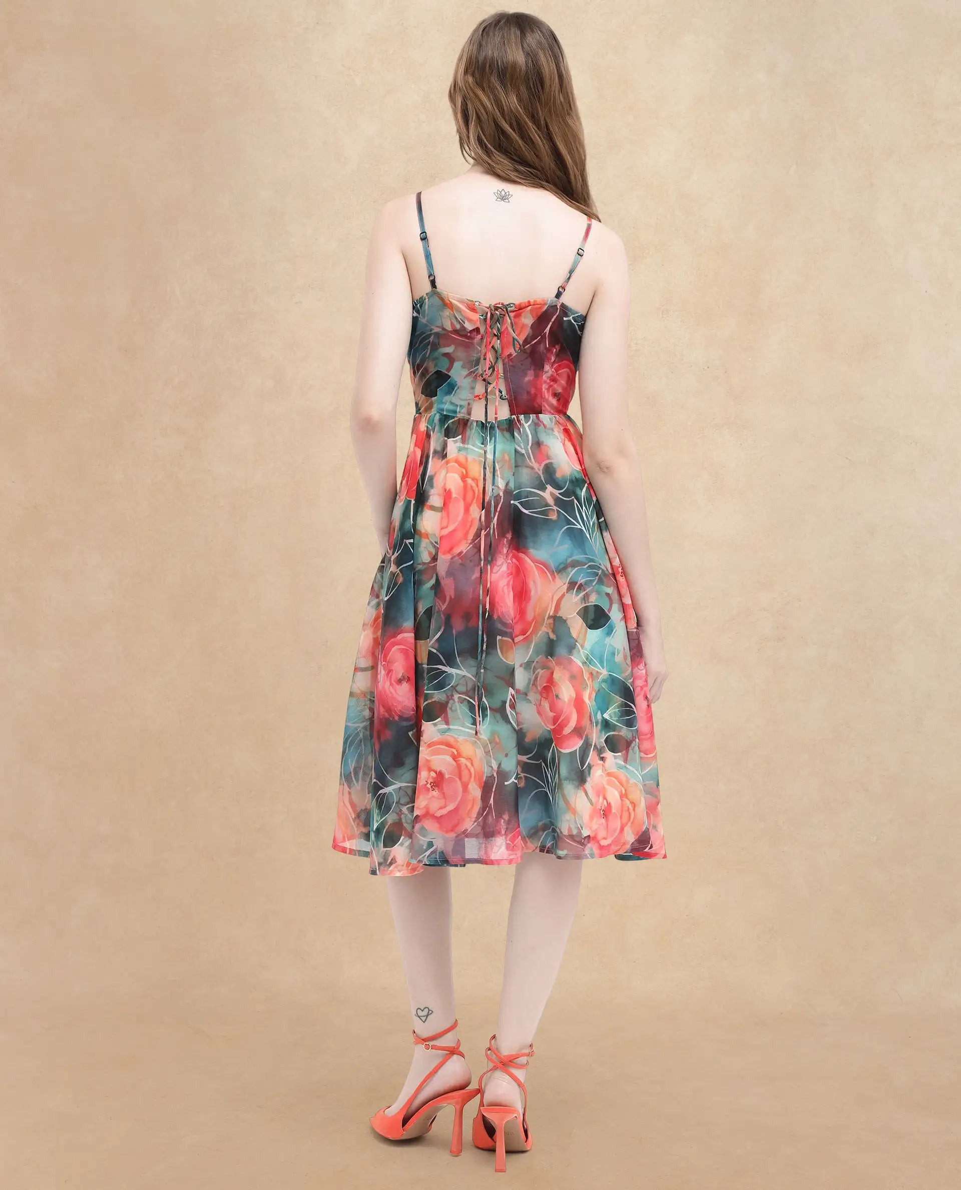 Rareism Women Monza Dark Multi Shoulder Straps Shoulder Straps Zipper Closure Fit And Flare Floral Print Midi Dress