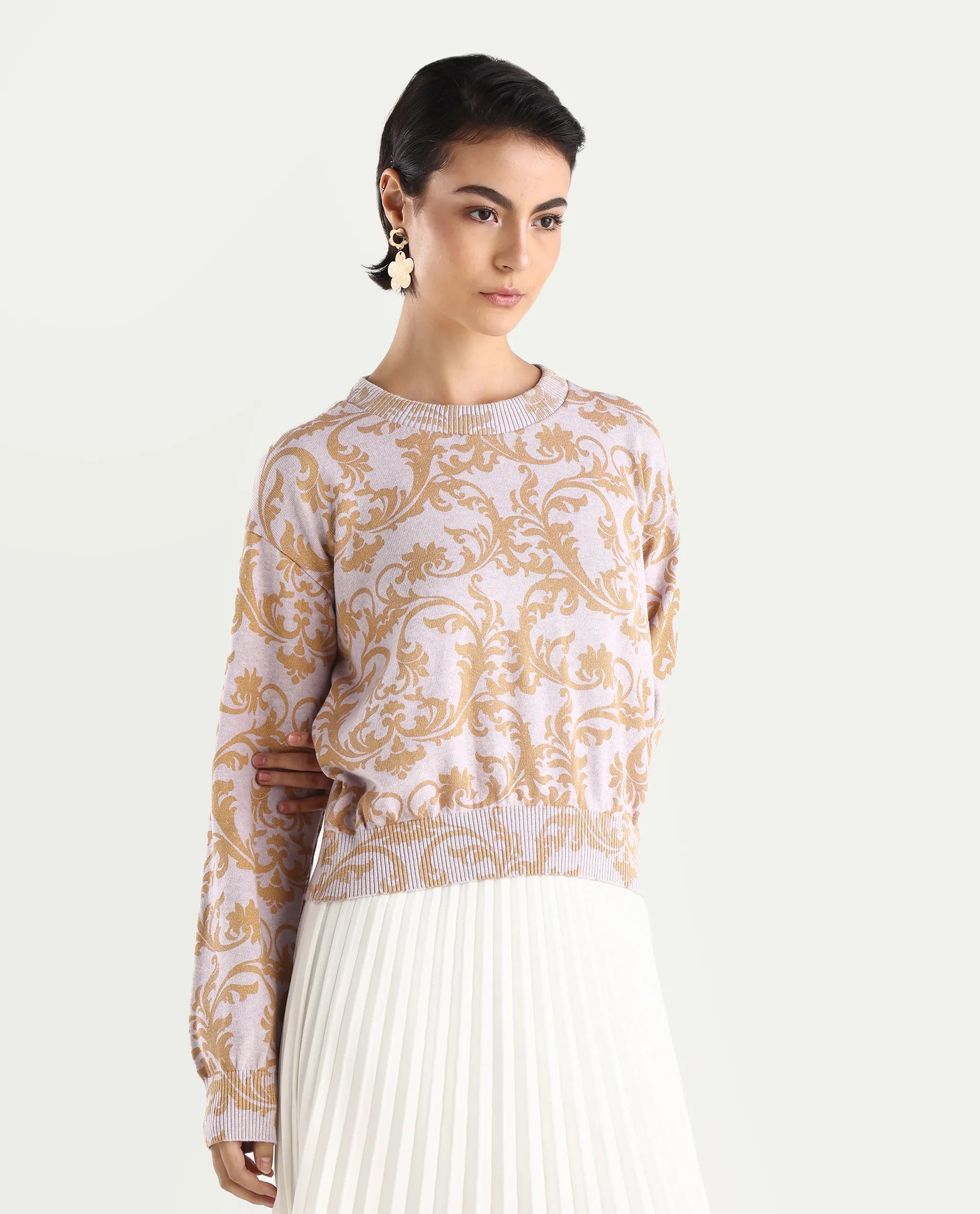 Rareism Women's Moon Light Purple Cotton High Neck Abstract Print Relaxed Fit Sweater