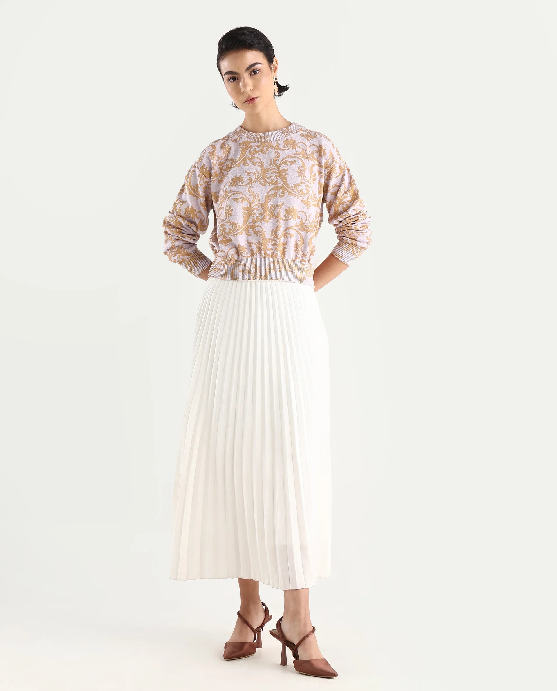 Rareism Women's Moon Light Purple Cotton High Neck Abstract Print Relaxed Fit Sweater